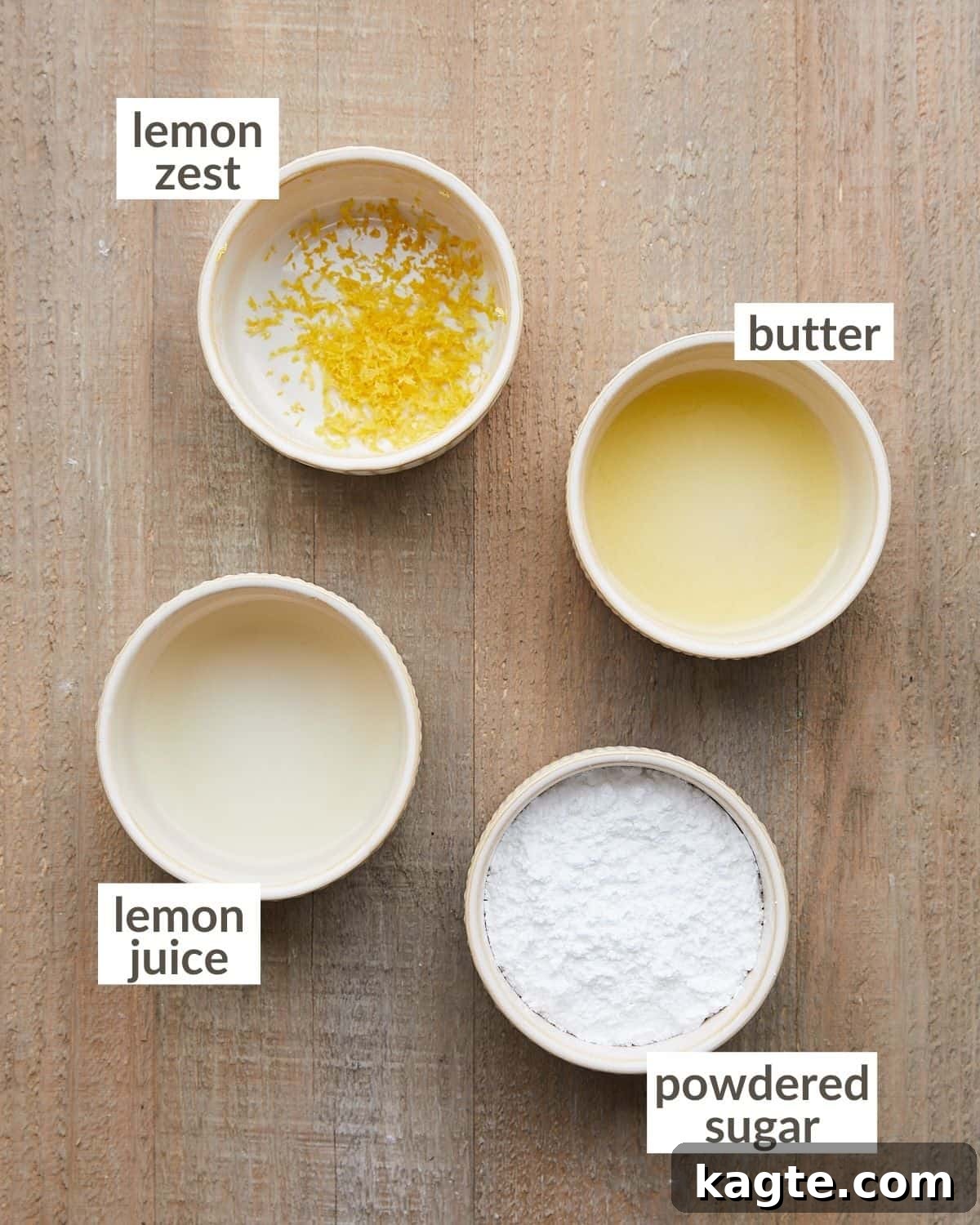 Overhead shot of ingredients in bowls needed to make glaze for blackberry lemon bread. 