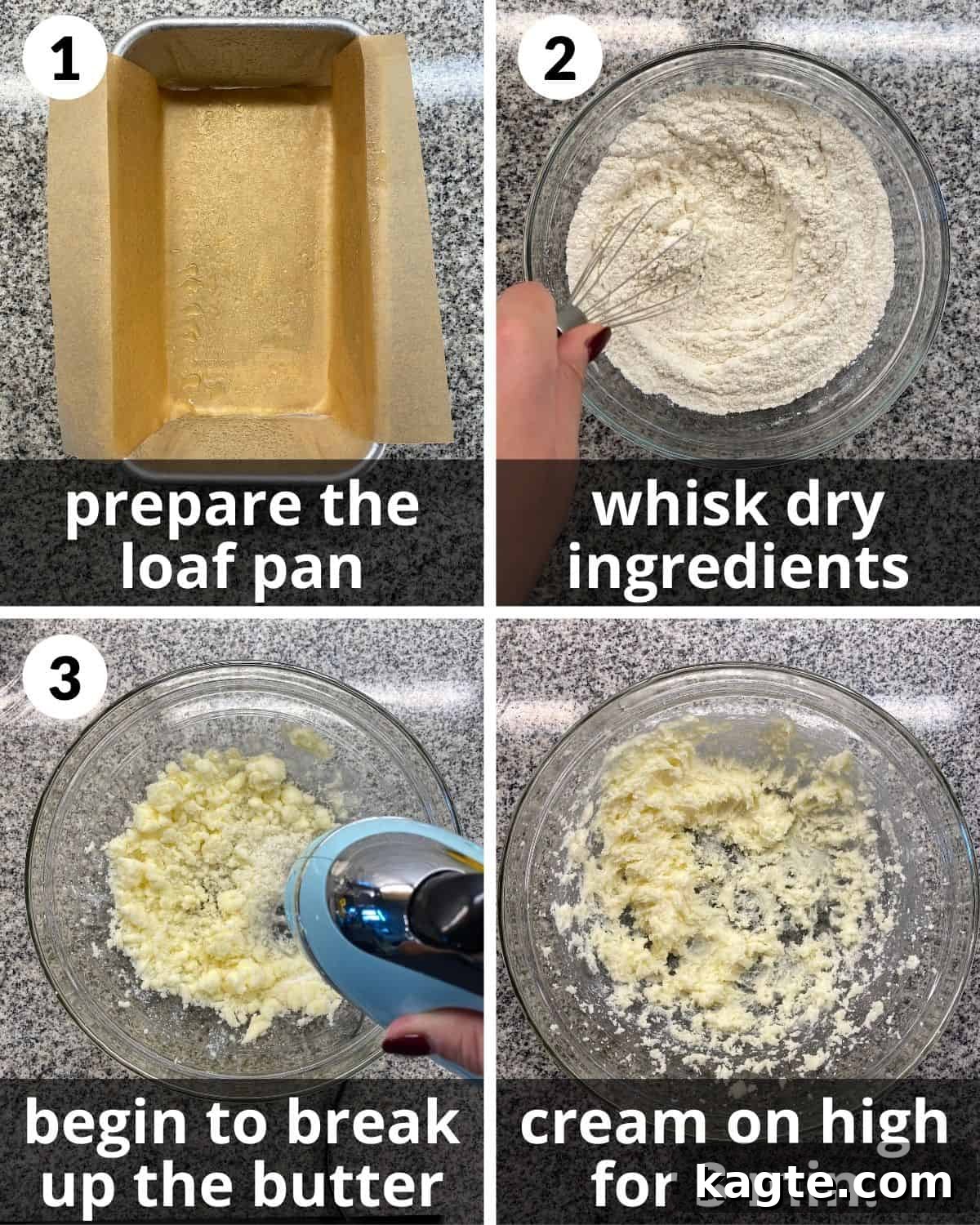 4 photos. Pan greased. Fry ingredients whisked. Butter and sugar creamed.