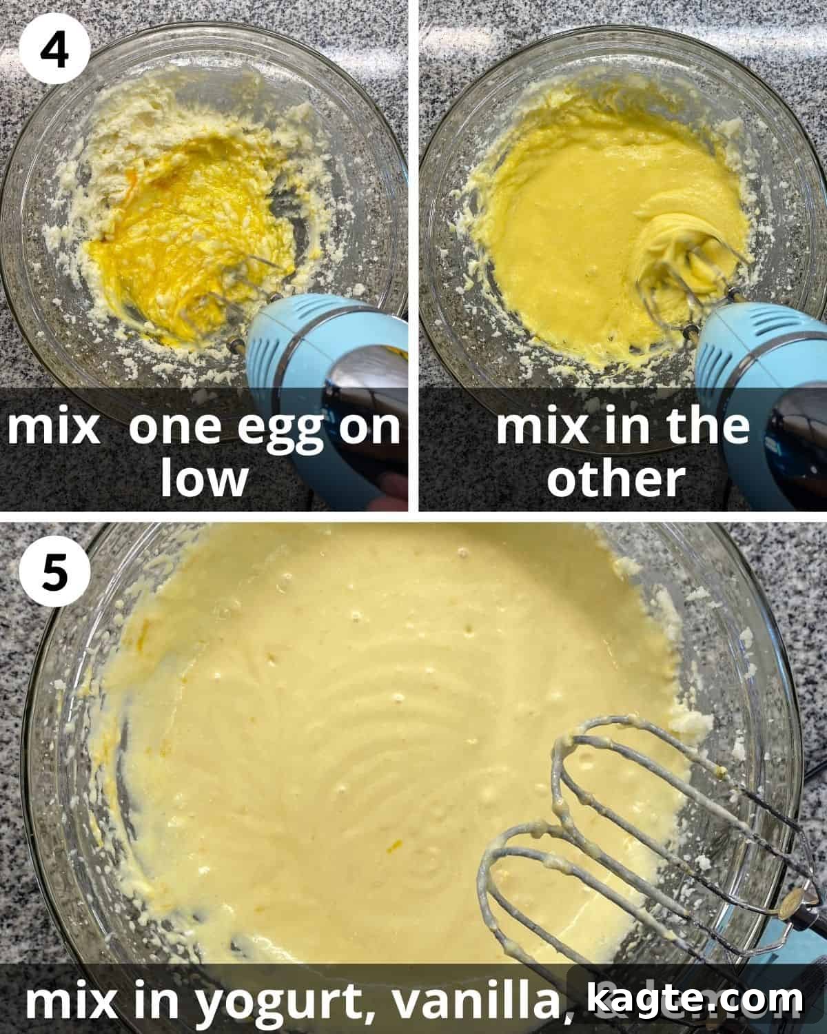 3 photos. One egg added. Other egg added. Smooth yellow mixture in bowl.