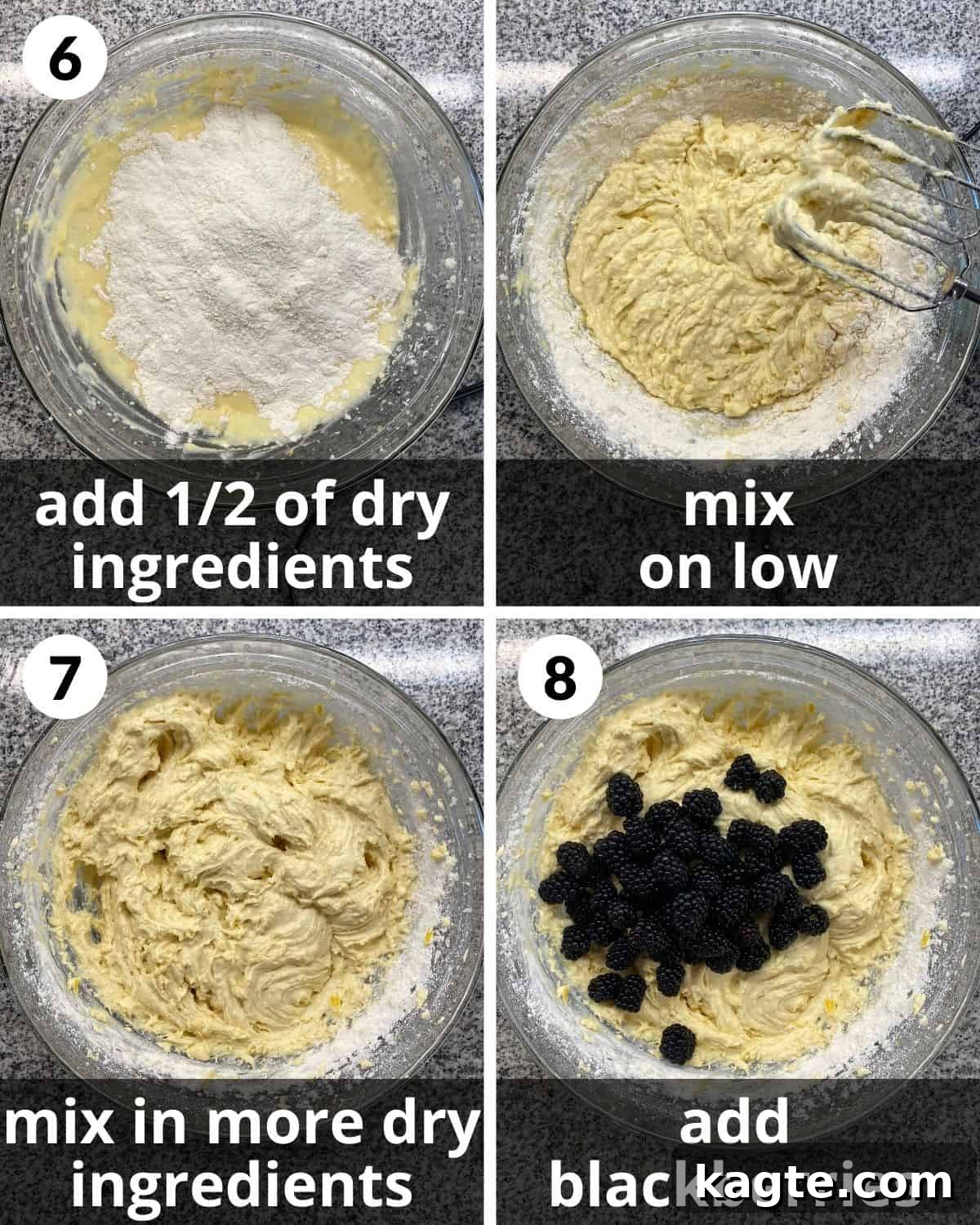 4 photos. Flour added on top. Most of the flour mixed in. More flour mixed in. Blackberried added.