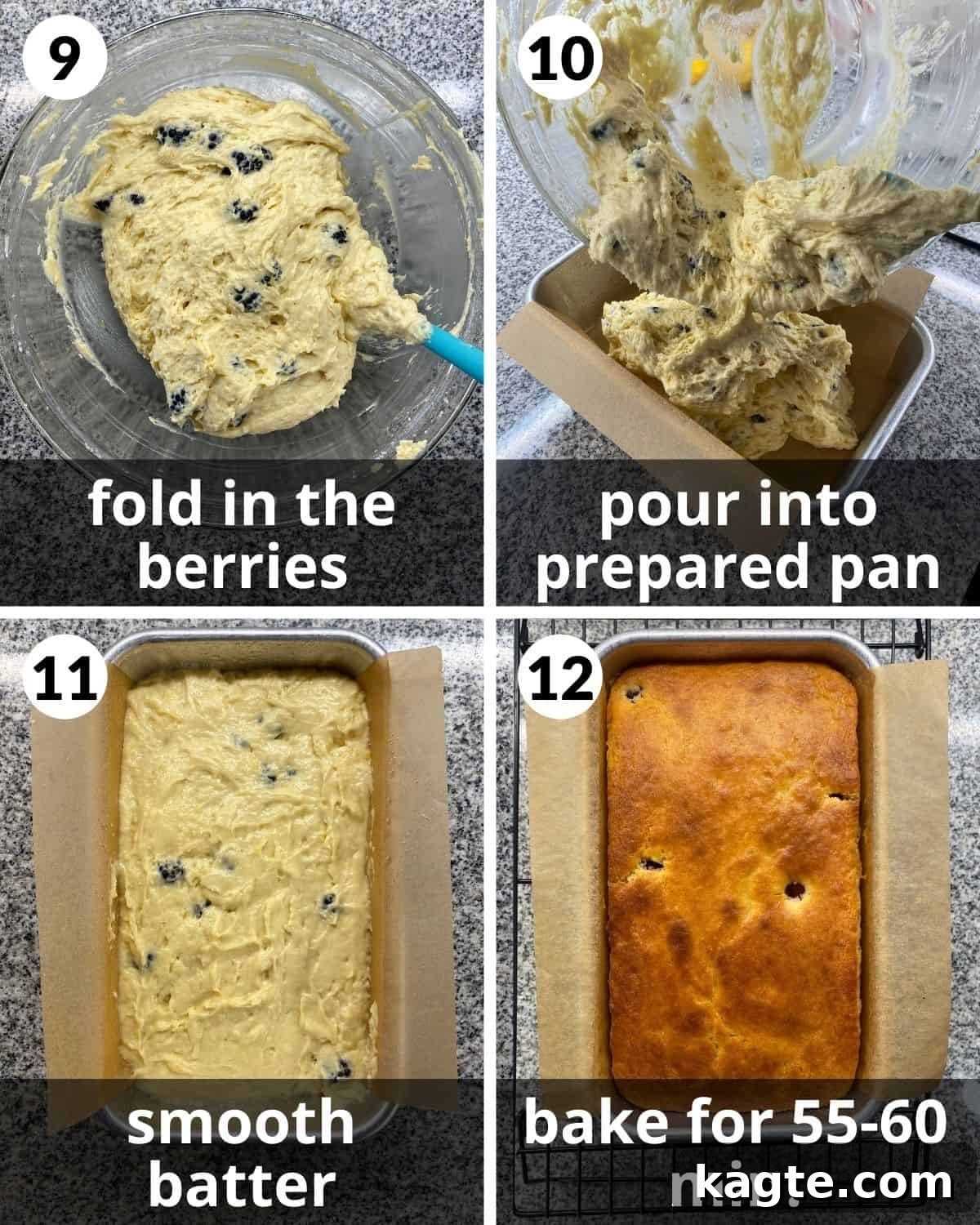 4 photos. berries and flour combined. Batter being poured into pan. Batter smoothed out. Baked loaf.