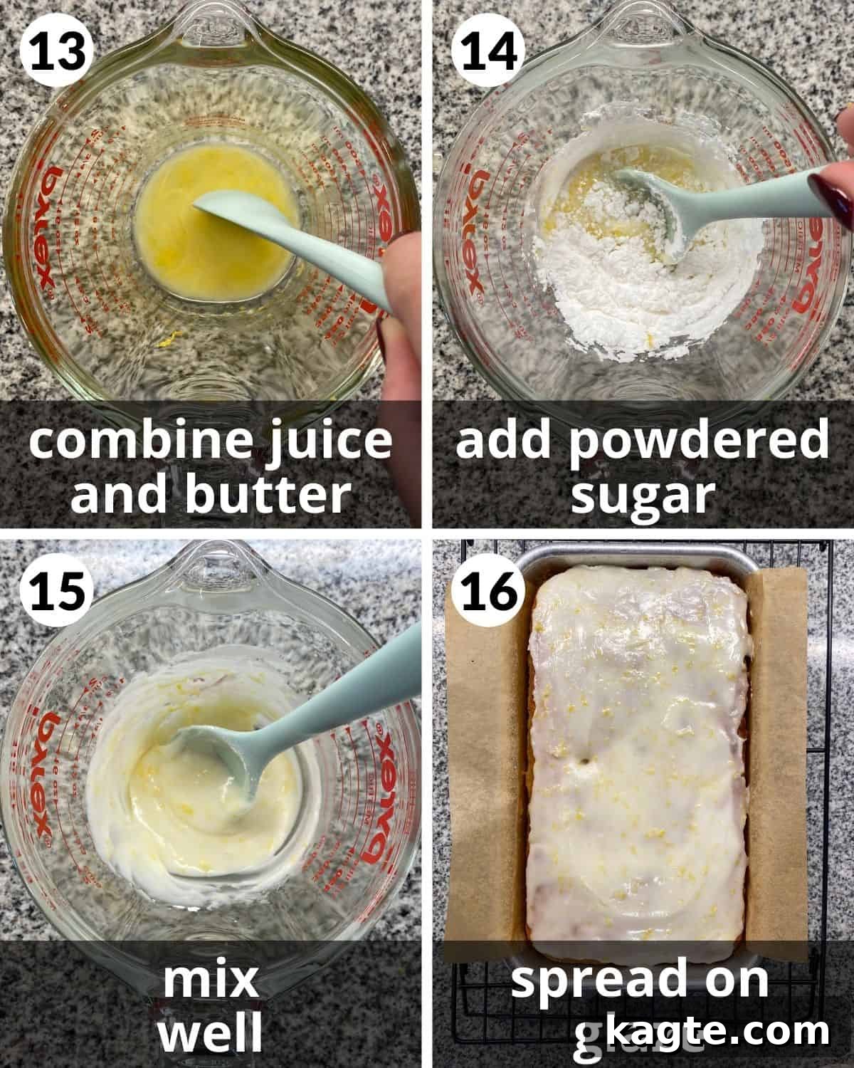 4 photos. Lemon juice and butter combined. Powdered sugar added. Glaze in bowl. Glazed blackberry lemon bread. 