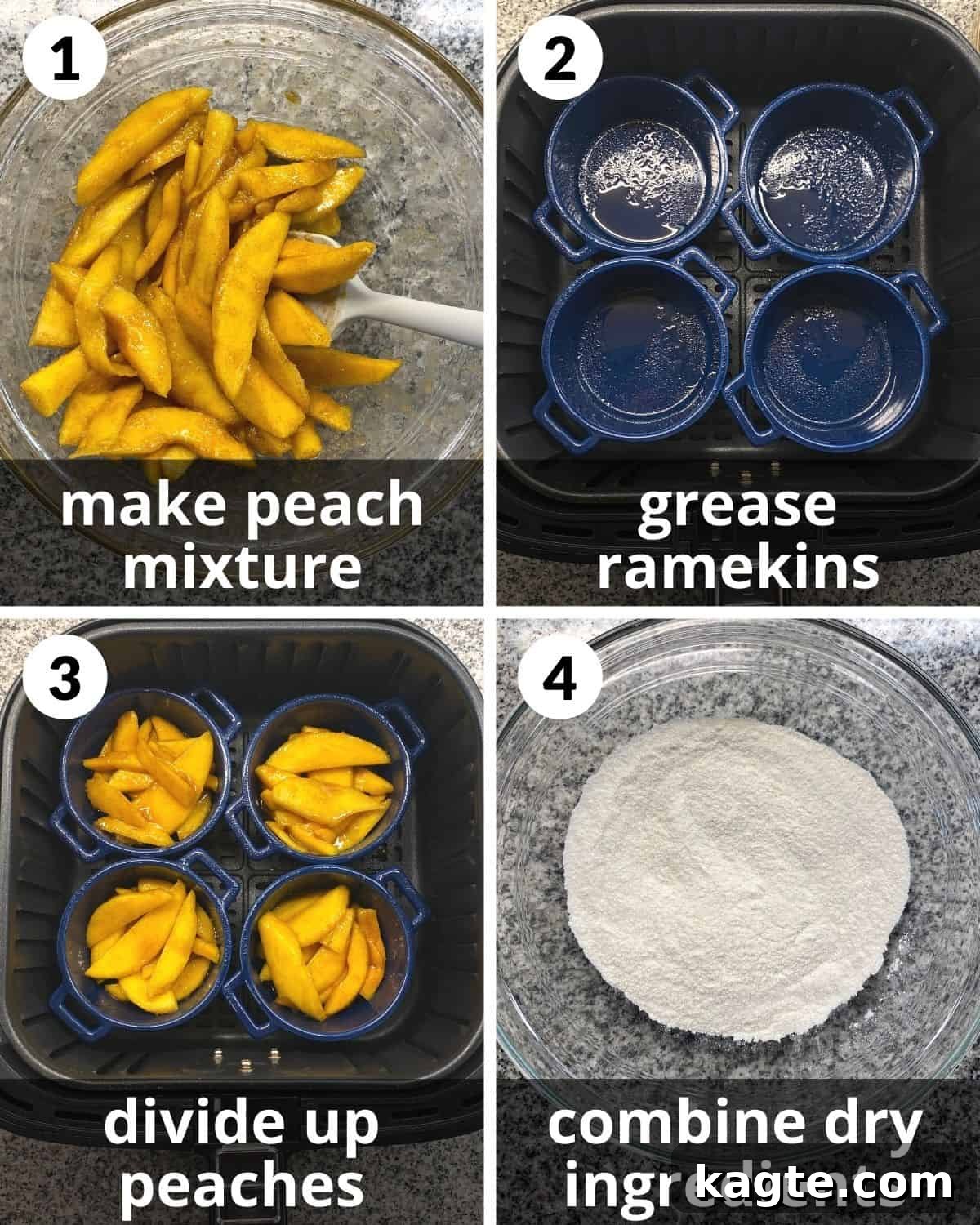Four process photos for Air Fryer Peach Cobbler: peaches in a bowl with spices, empty greased ramekins in an air fryer basket, peaches divided into ramekins, and dry flour mixture in a bowl.