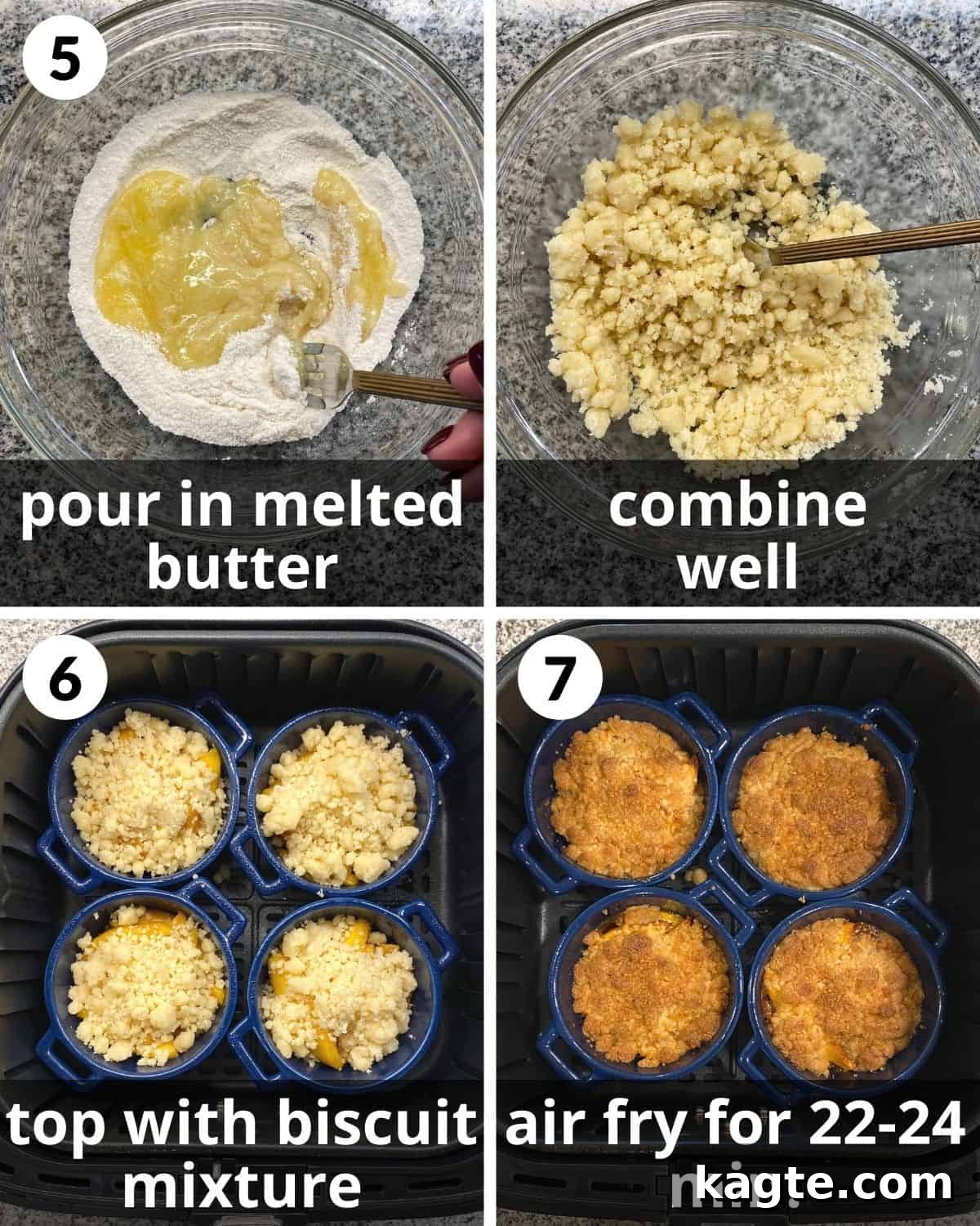 Four process photos for Air Fryer Peach Cobbler: melted butter added to flour, crumbly topping mixture, topping spread over peaches in ramekins, and freshly baked golden-brown cobblers in the air fryer basket.