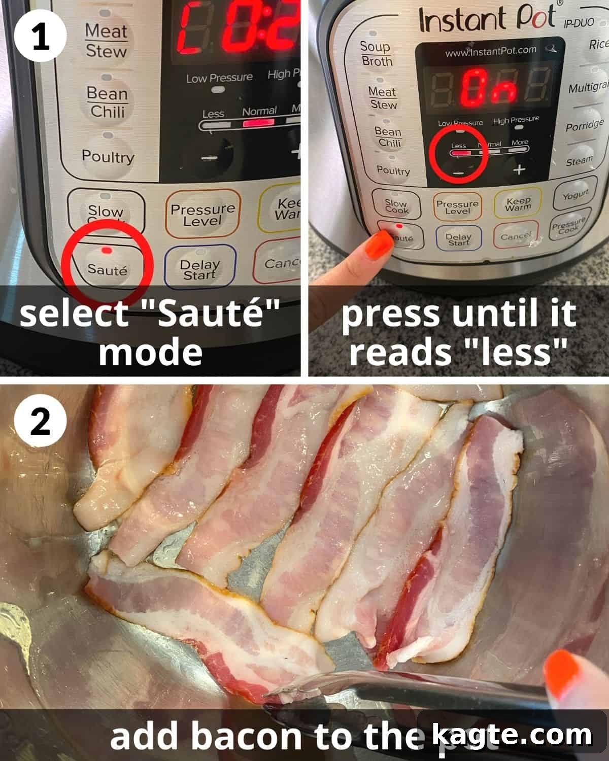 Crispy Instant Pot Bacon 4 Three photos showing the Instant Pot setup process: Sauté mode circled, Less temperature setting circled, and bacon strips cooking in the Instant Pot.
