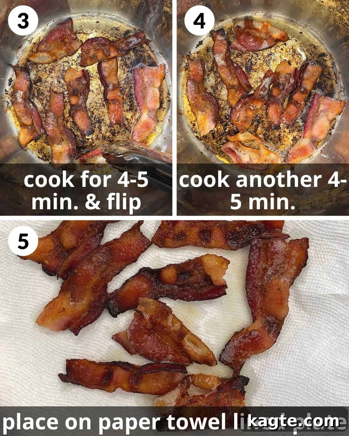 Crispy Instant Pot Bacon 5 Three photos illustrating the cooking process: bacon halfway through cooking, fully cooked bacon strips in the Instant Pot, and crispy bacon draining on paper towels.