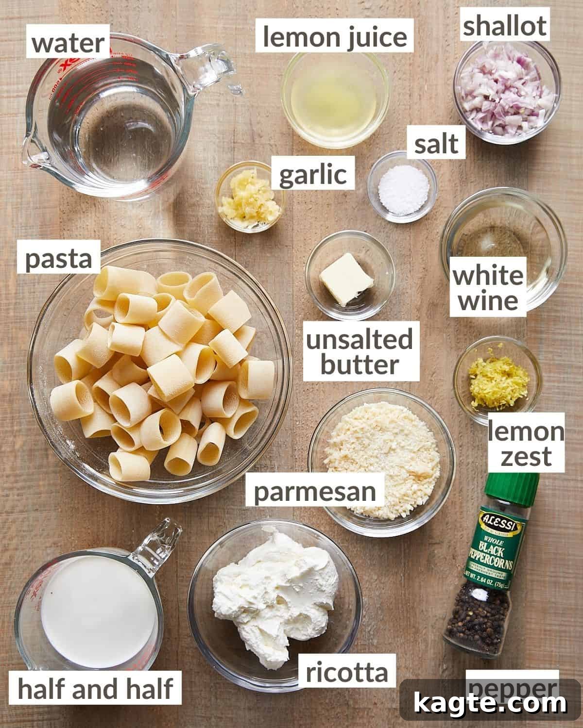Lemon-Kissed Ricotta Pasta 3 Ingredients needed to make lemon ricotta in glass bowls.