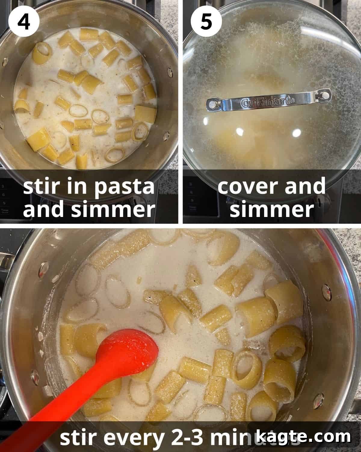 Lemon-Kissed Ricotta Pasta 5 3 photos. Pasta stirred in. Pot covered. Pasta being stirred.