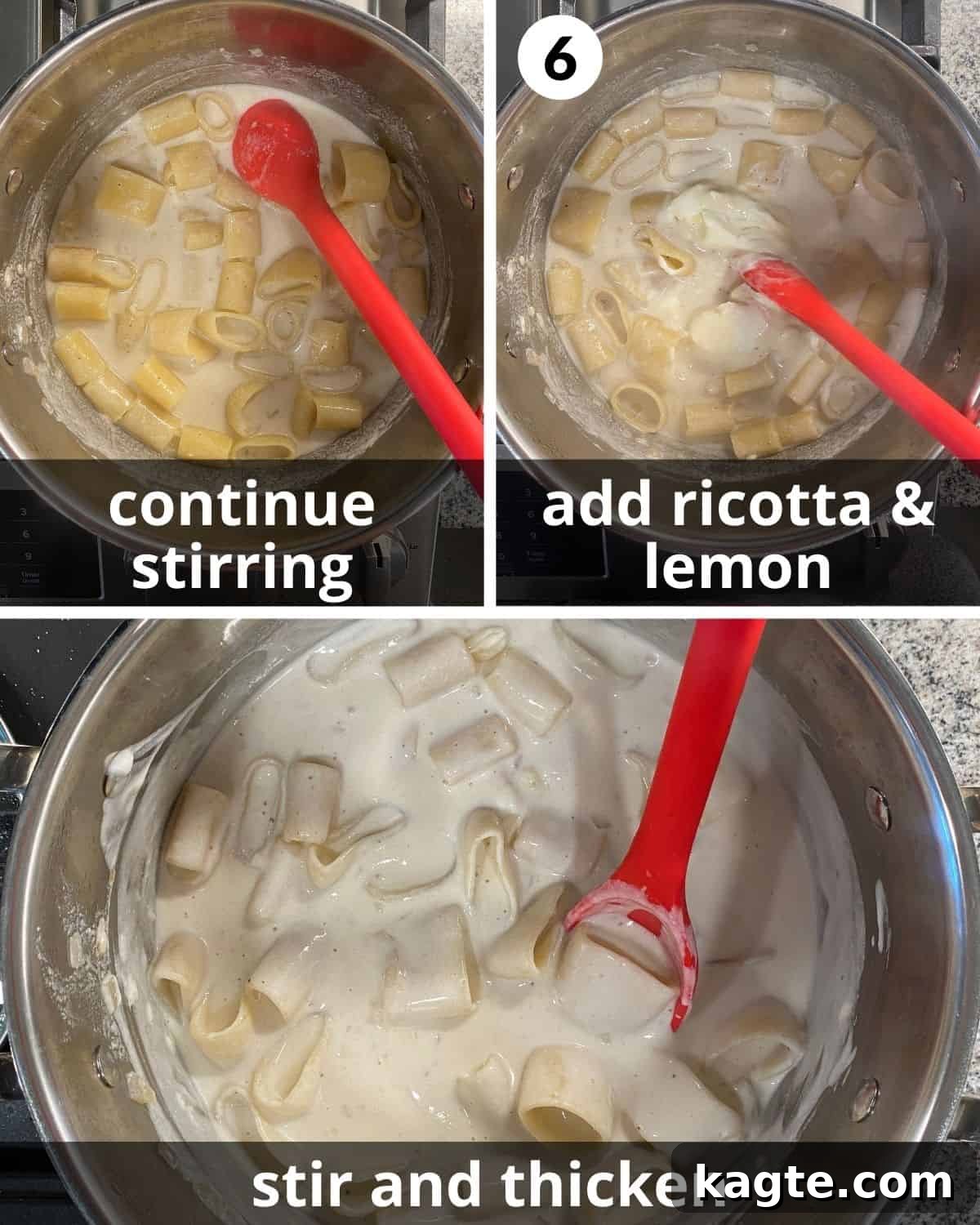 Lemon-Kissed Ricotta Pasta 6 3 photos. Pasta being stirred more. Ricotta added in. Finished pasta standing.