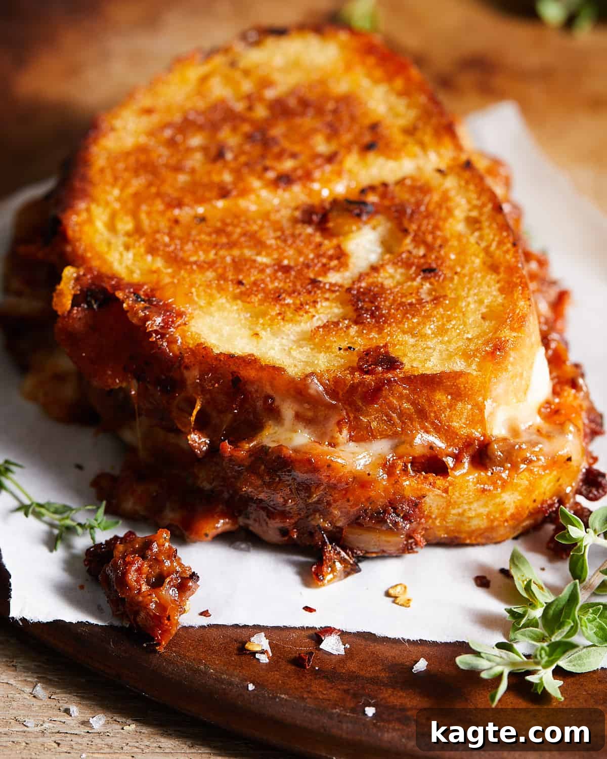 Hearty Bolognese Hero 2 Closeup of a golden-brown Bolognese sandwich, sliced in half, revealing melted cheese and rich meat sauce.