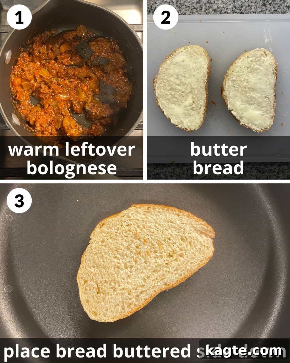 Hearty Bolognese Hero 4 Three sequential photos showing: Bolognese in a pot, bread being buttered, and a slice of buttered bread placed in a pan.