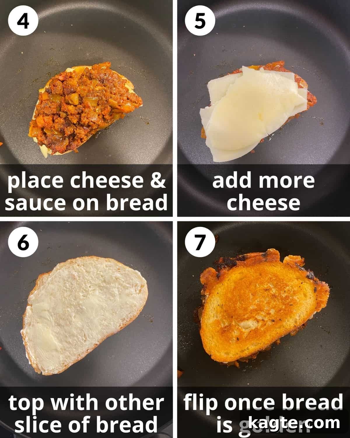 Hearty Bolognese Hero 5 Four sequential photos illustrating the sandwich assembly: cheese on bread, bolognese added, more cheese, then the second bread slice and the final grilled sandwich.