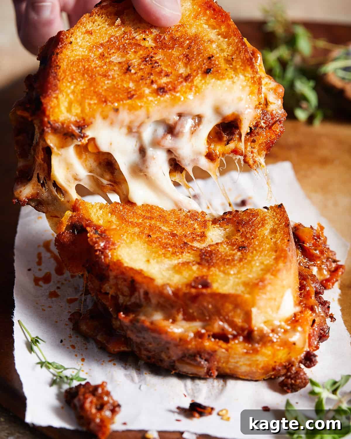 Hearty Bolognese Hero 6 A Bolognese sandwich, perfectly sliced in half, being gently pulled apart to reveal the melted cheese and rich sauce.