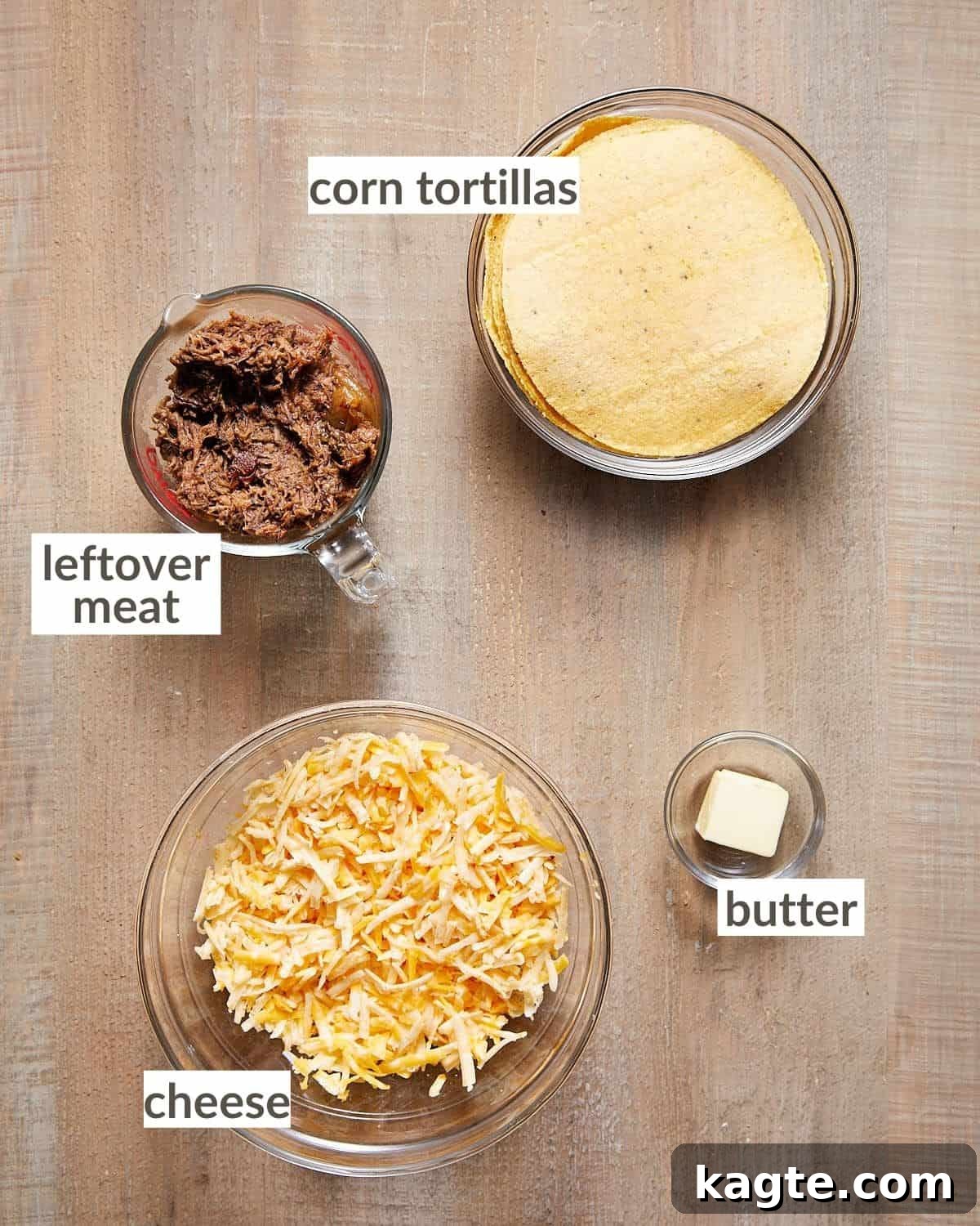 Shows all of the ingredients needed to make corn tortilla quesadillas in glass bowls. 