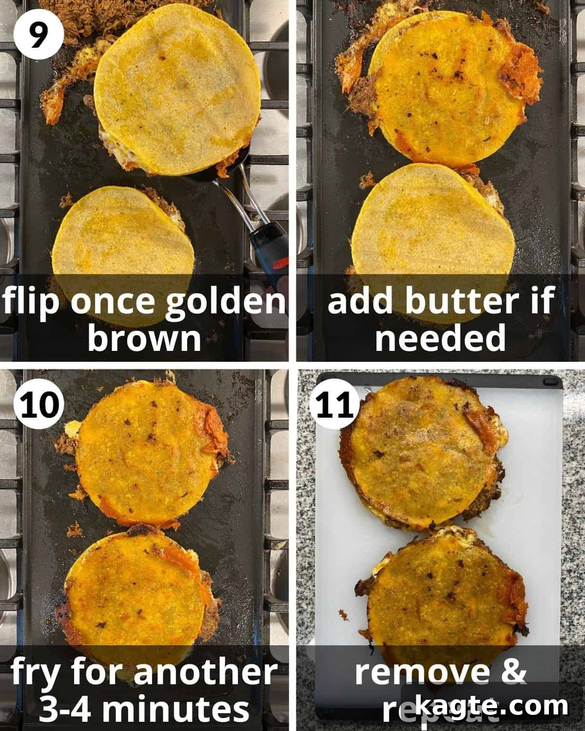 Shows steps 9-11. Quesadilla being flipped. Quesadilla on a cutting board. 