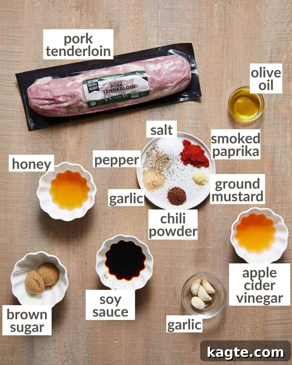 Ingredients needed to cook baked pork tenderloin in bowls.