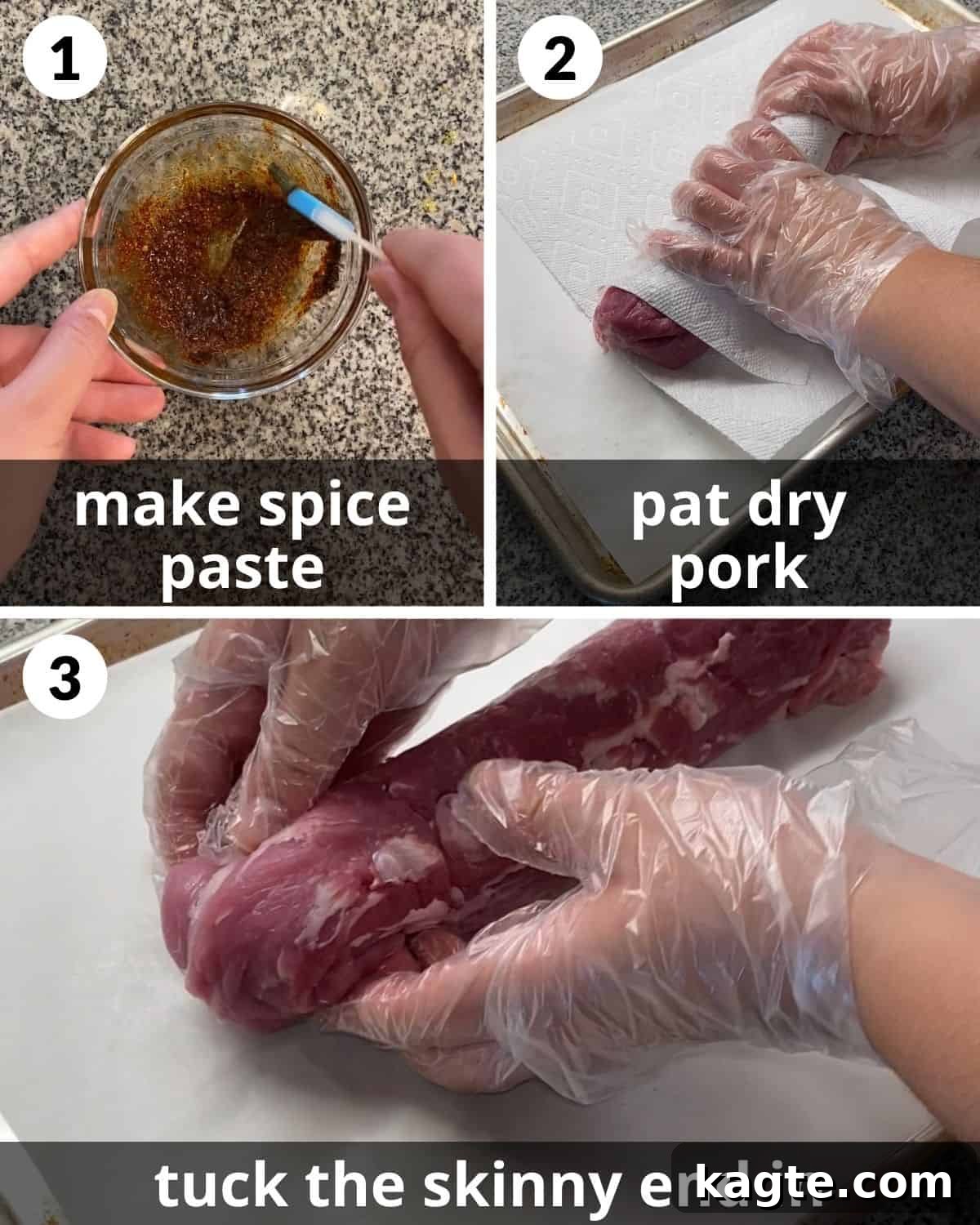 A 3 photo collage showing how to prep a pork tenderloin.