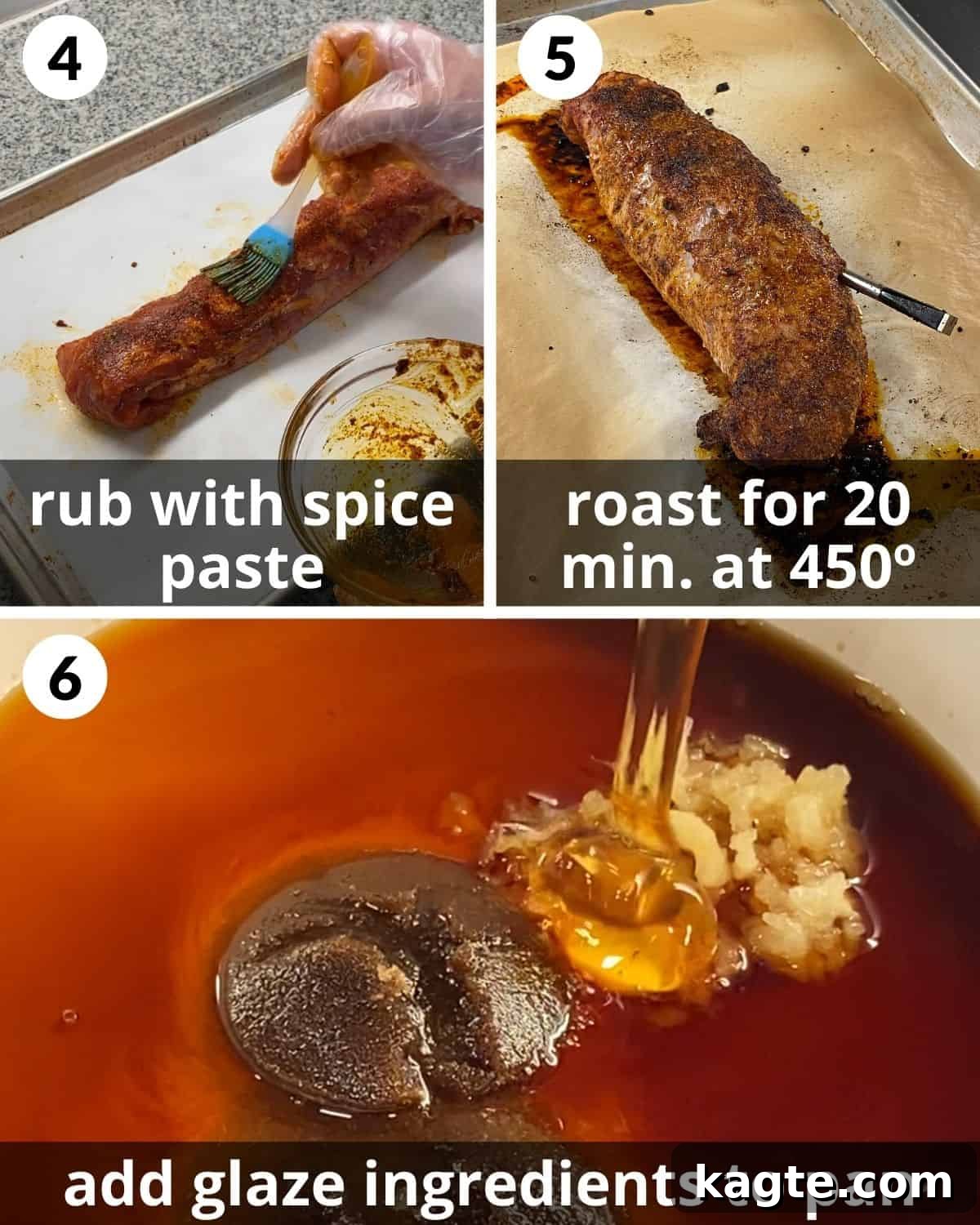 A 3 photo collage showing the middle steps for making a brown sugar garlic pork tenderloin. 