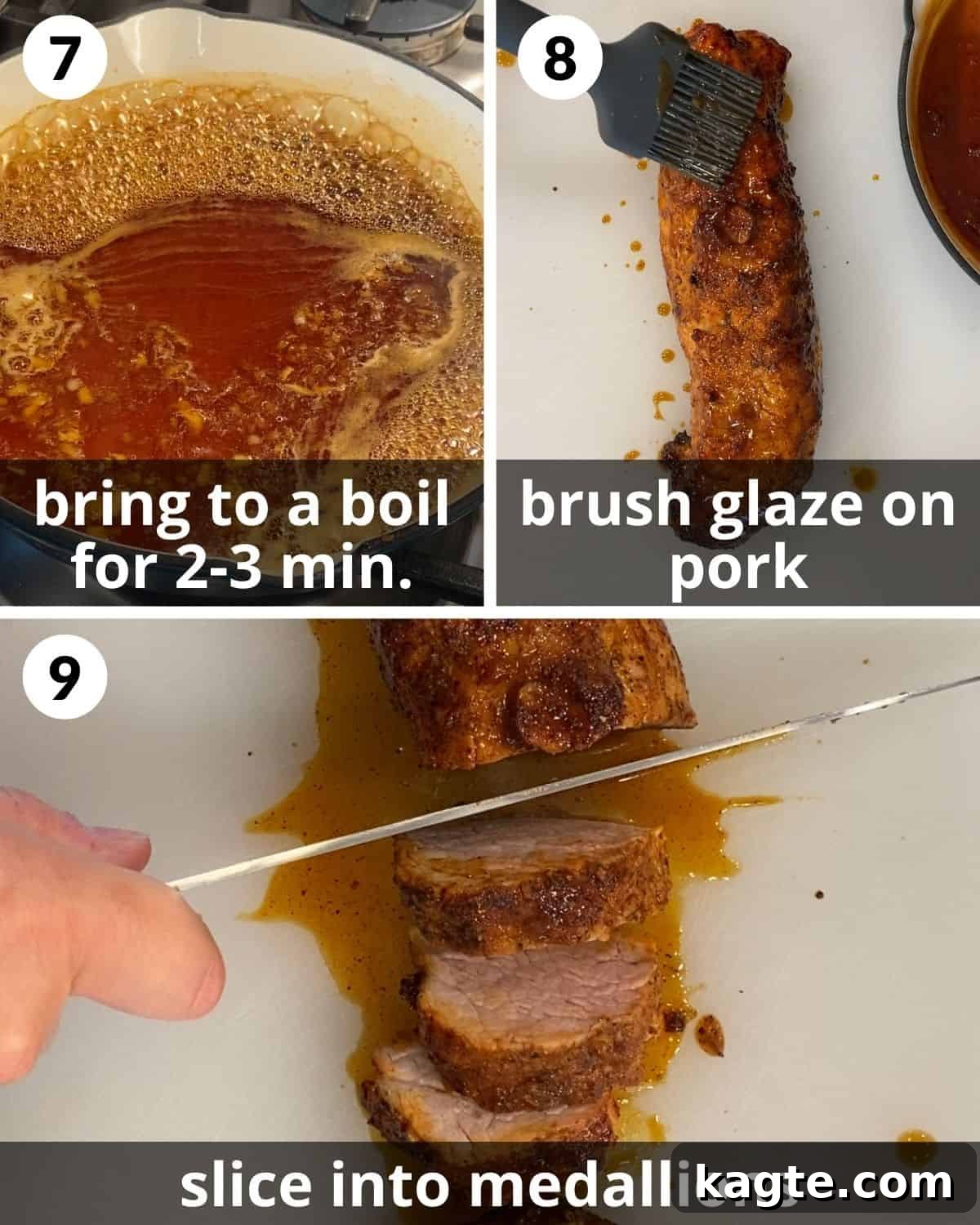 A 3 photo collage showing pork tenderloin being glazed.