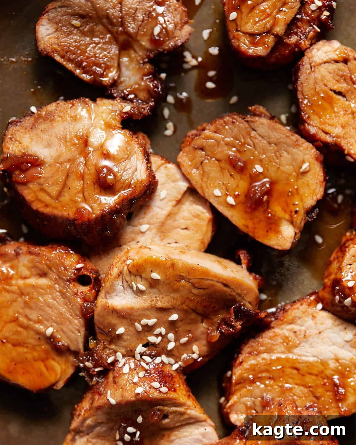 Pork tenderloin medallions covered with honey soy glaze.