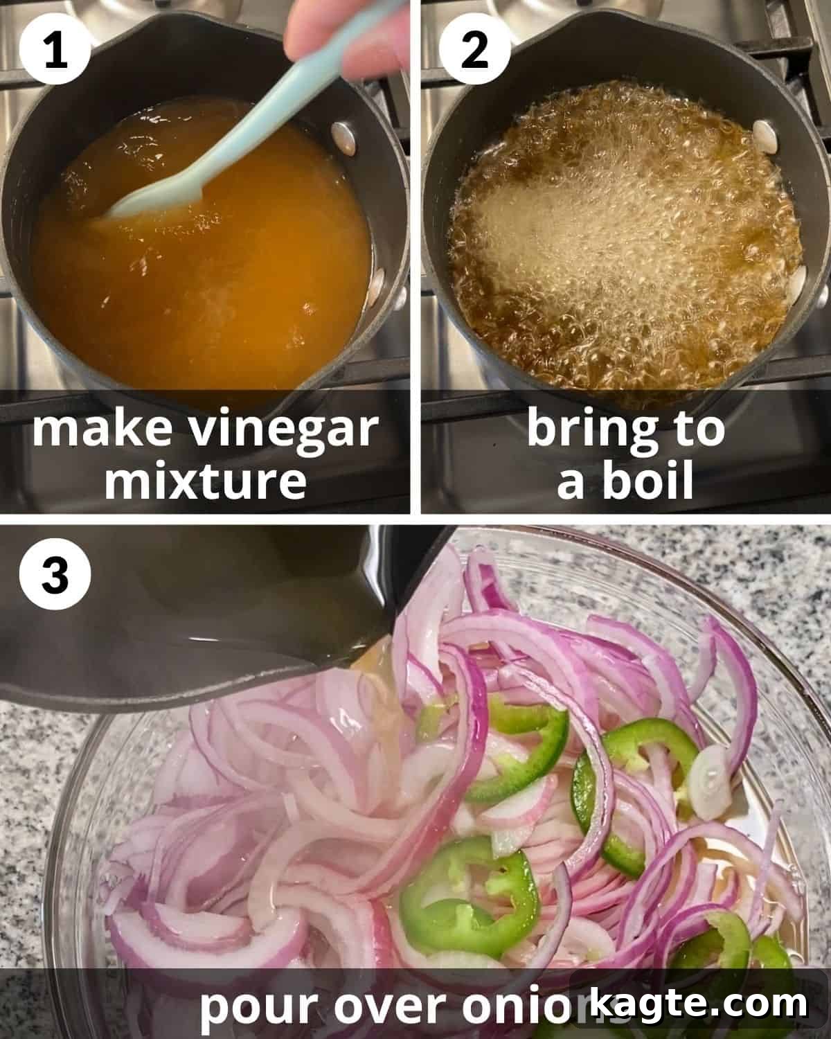Zesty Mexican Pickled Onions 4 A three-photo collage demonstrating the process of making pickling liquid: combining ingredients, stirring, and bringing to a boil in a saucepan.