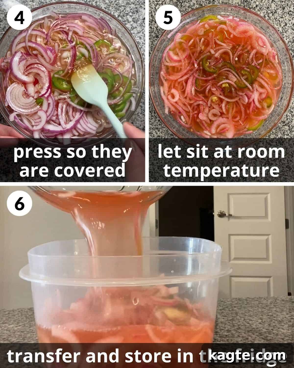 Zesty Mexican Pickled Onions 5 A three-photo collage illustrating the transformation of onions after sitting in the pickling liquid at room temperature, showing their vibrant pink color.