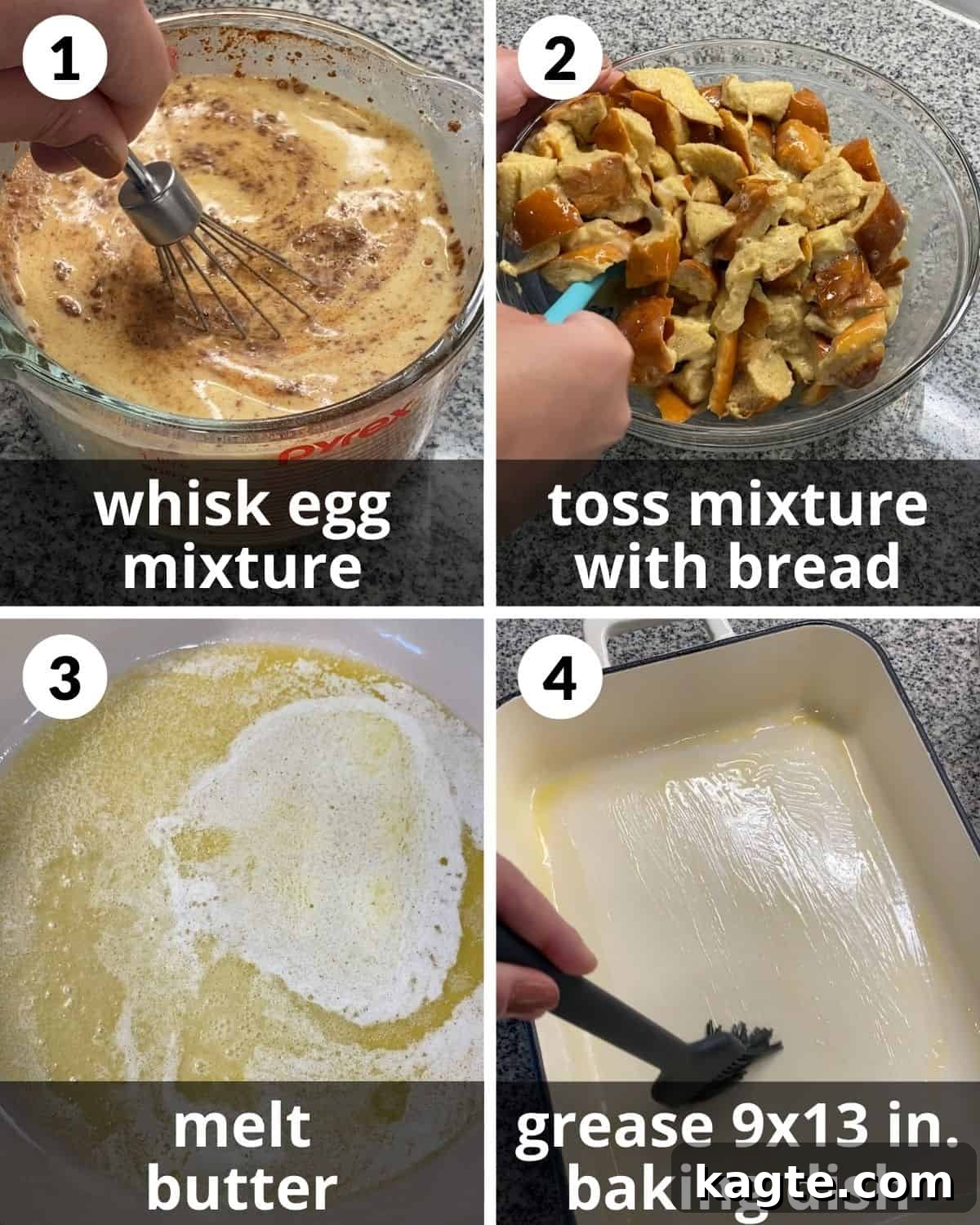 A four-photo collage showing the process of tossing cubed challah bread with custard and greasing a baking dish.