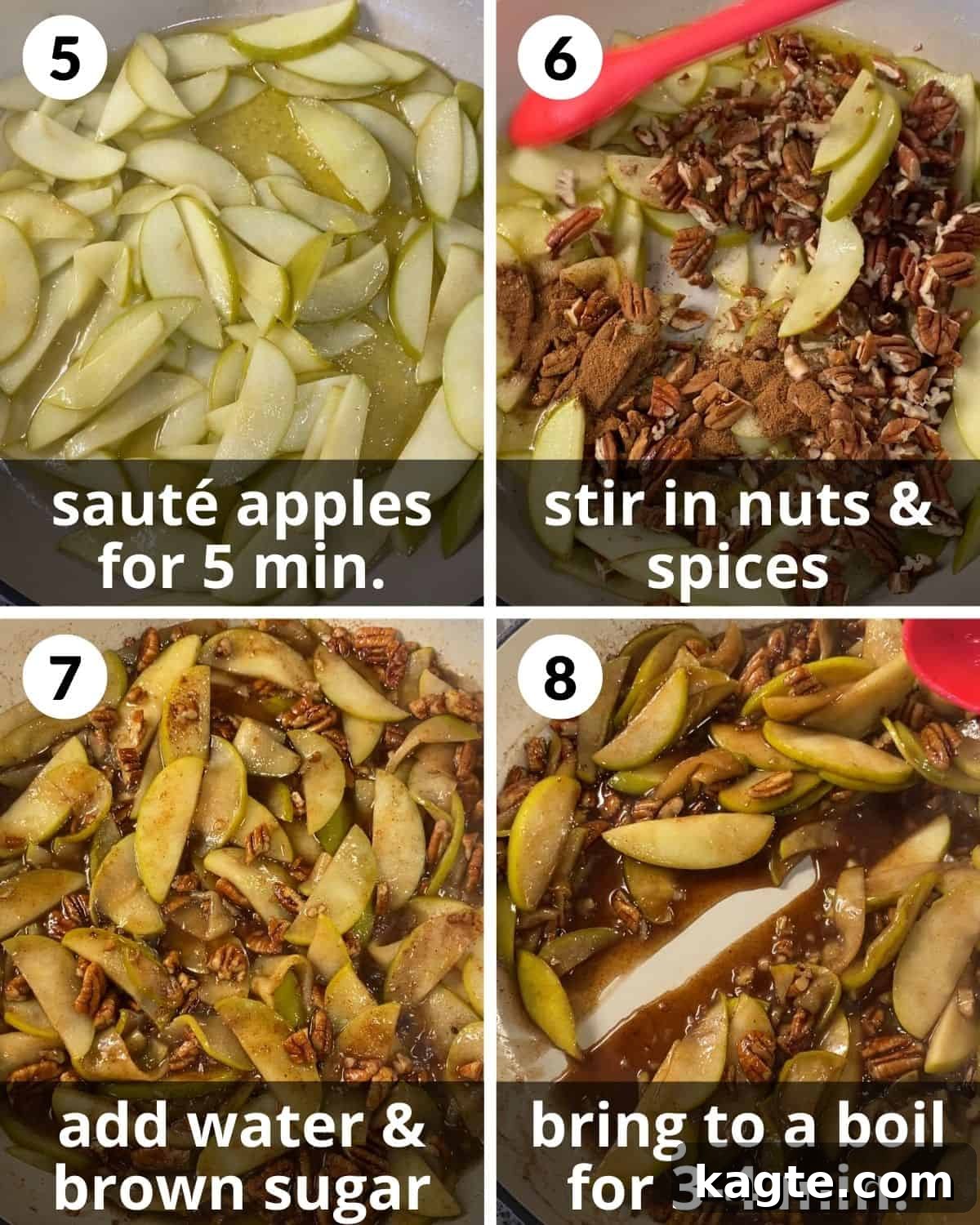 A four-photo collage illustrating the steps of cooking apples, pecans, and spices for the caramel sauce.