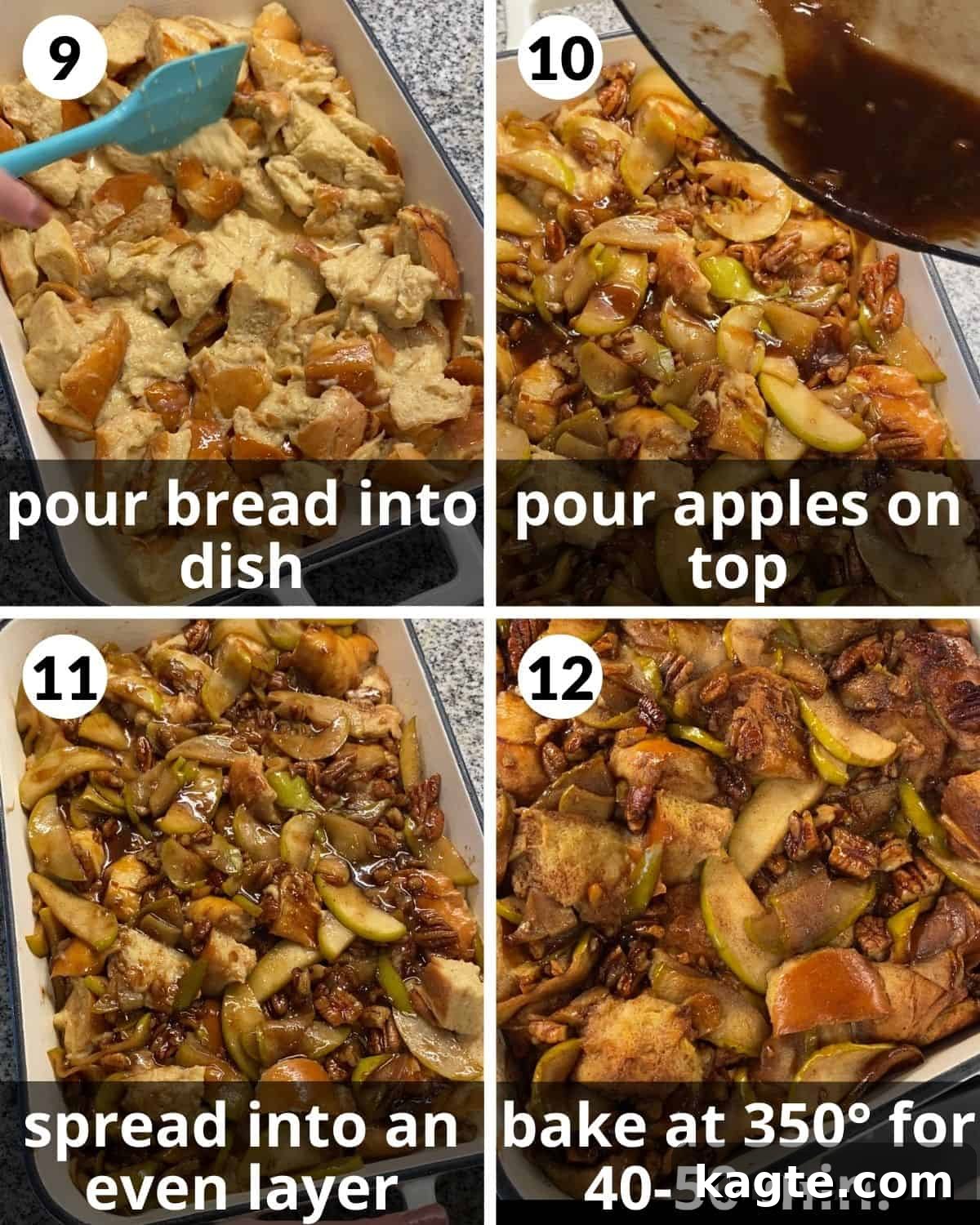 A four-photo collage demonstrating the assembly and baking of the apple bread pudding in a casserole dish.