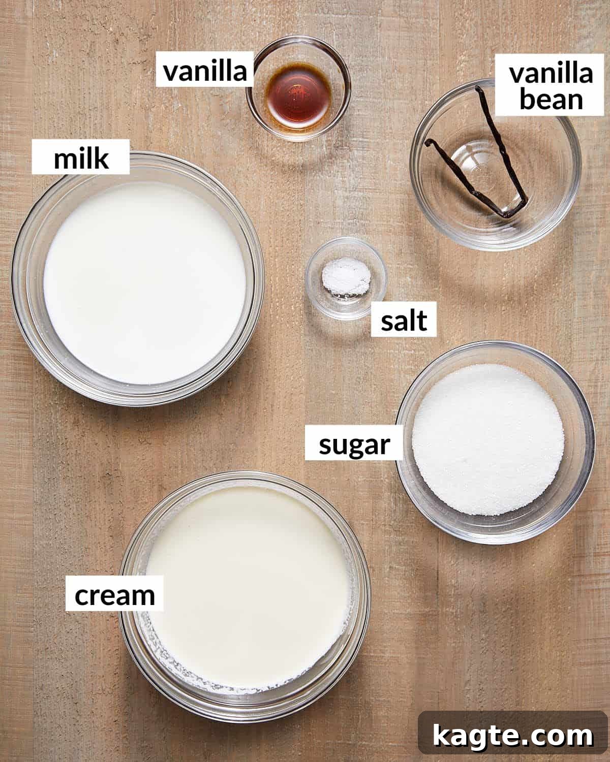 Homemade Eggless Vanilla Ice Cream 3 Ingredients needed to make no egg vanilla ice cream in glass bowls.