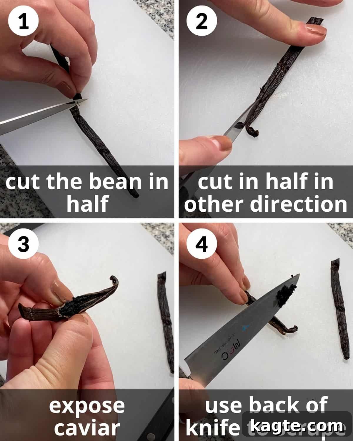 Homemade Eggless Vanilla Ice Cream 4 4 photo collage showing how to break down a vanilla bean.