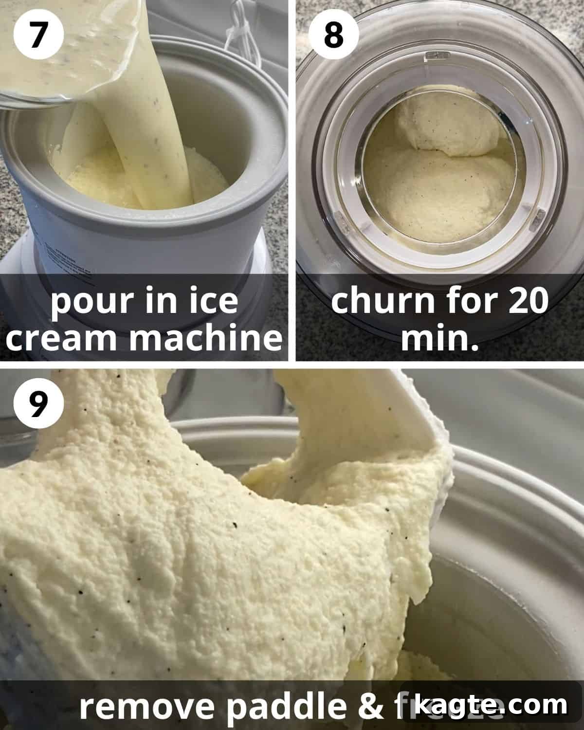 Homemade Eggless Vanilla Ice Cream 6 A 3 photo collage showing how to churn ice cream in an ice cream maker.