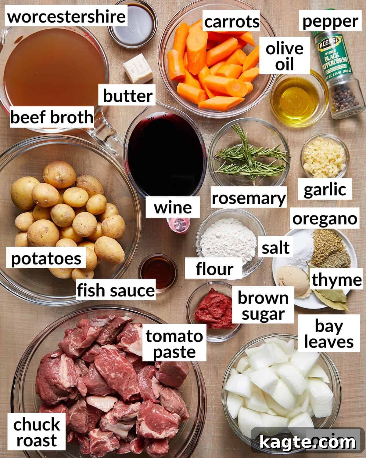 Dutch Oven Red Wine Beef Stew 3 Overhead image of all fresh ingredients laid out for Dutch oven beef stew, including vegetables, herbs, and spices.