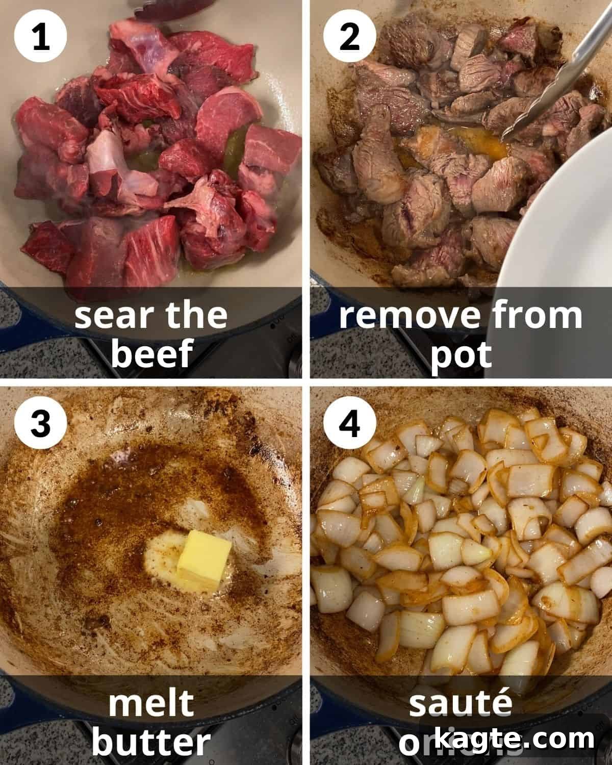 Dutch Oven Red Wine Beef Stew 4 A four-photo collage illustrating the initial steps of preparing Dutch oven beef stew: browning the beef and sautéing onions.