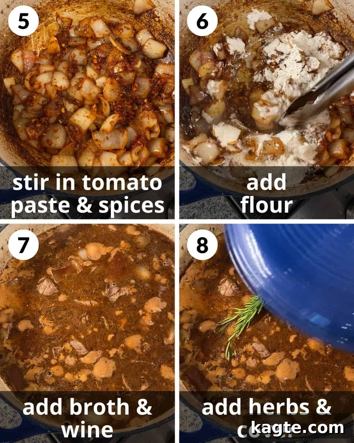 Dutch Oven Red Wine Beef Stew 5 A four-photo collage showing the middle stages of Dutch oven beef stew preparation: adding spices, flour, deglazing the pot, and starting the braise.