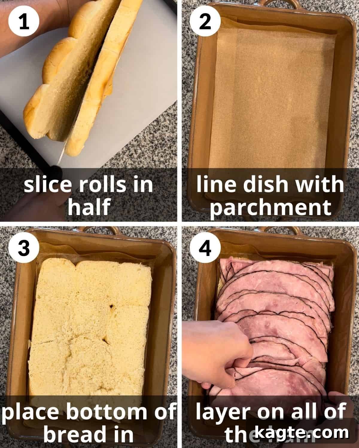 Irresistible King's Hawaiian Ham and Cheese Sliders 4 A four-photo collage demonstrating how to slice the Hawaiian rolls in half and layer the ham evenly.