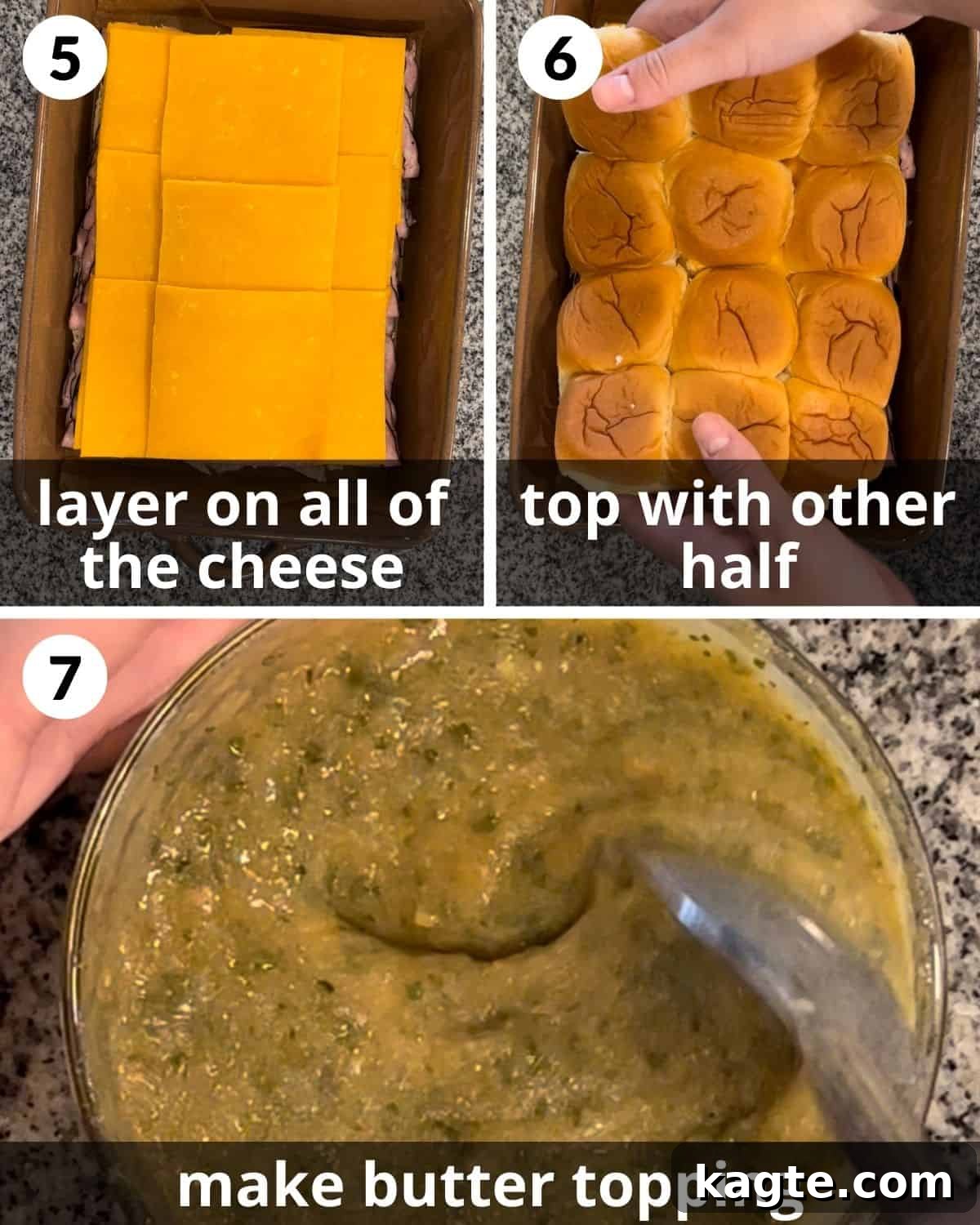 Irresistible King's Hawaiian Ham and Cheese Sliders 5 A three-photo collage showing the cheese being added to the ham layer and the butter mixture being prepared.