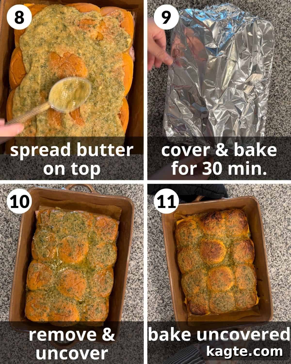 Irresistible King's Hawaiian Ham and Cheese Sliders 6 A four-photo collage illustrating the final steps of spooning on the butter mixture and baking the sliders.