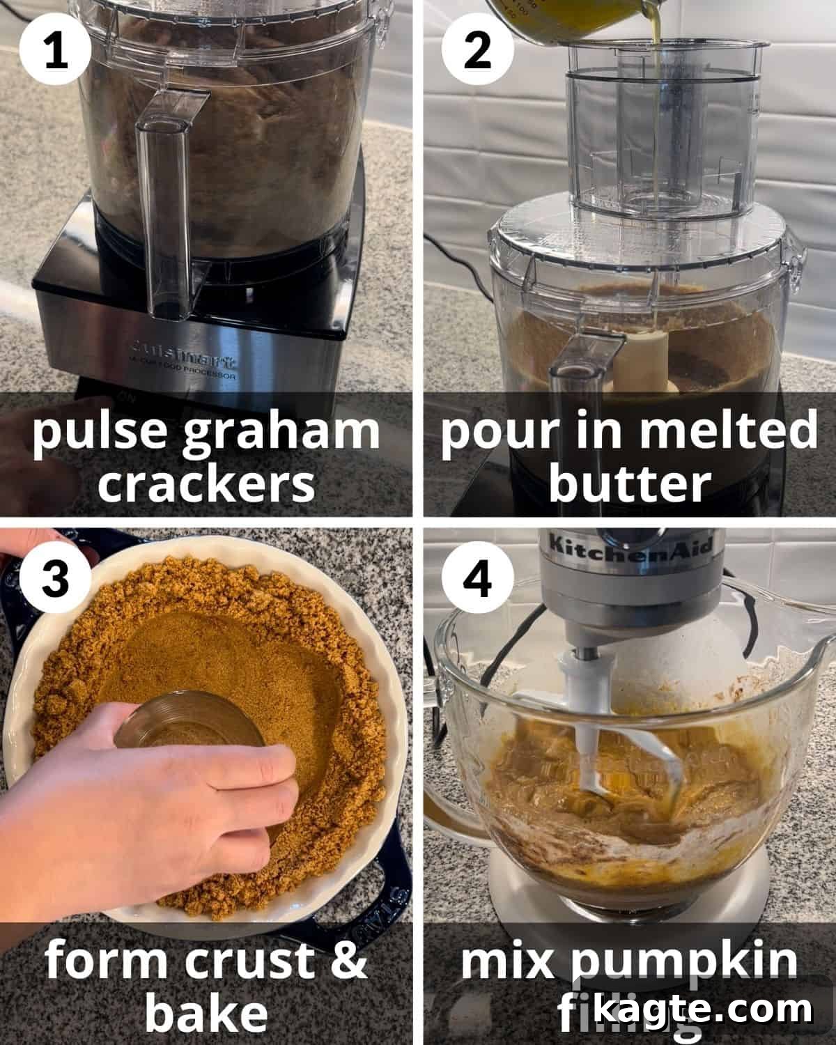 A four-photo collage illustrating the step-by-step process of preparing a graham cracker crust and mixing the pumpkin pie filling. The images show graham crackers being pulsed, butter being added, the crust pressed into a pie dish, and the filling being mixed.
