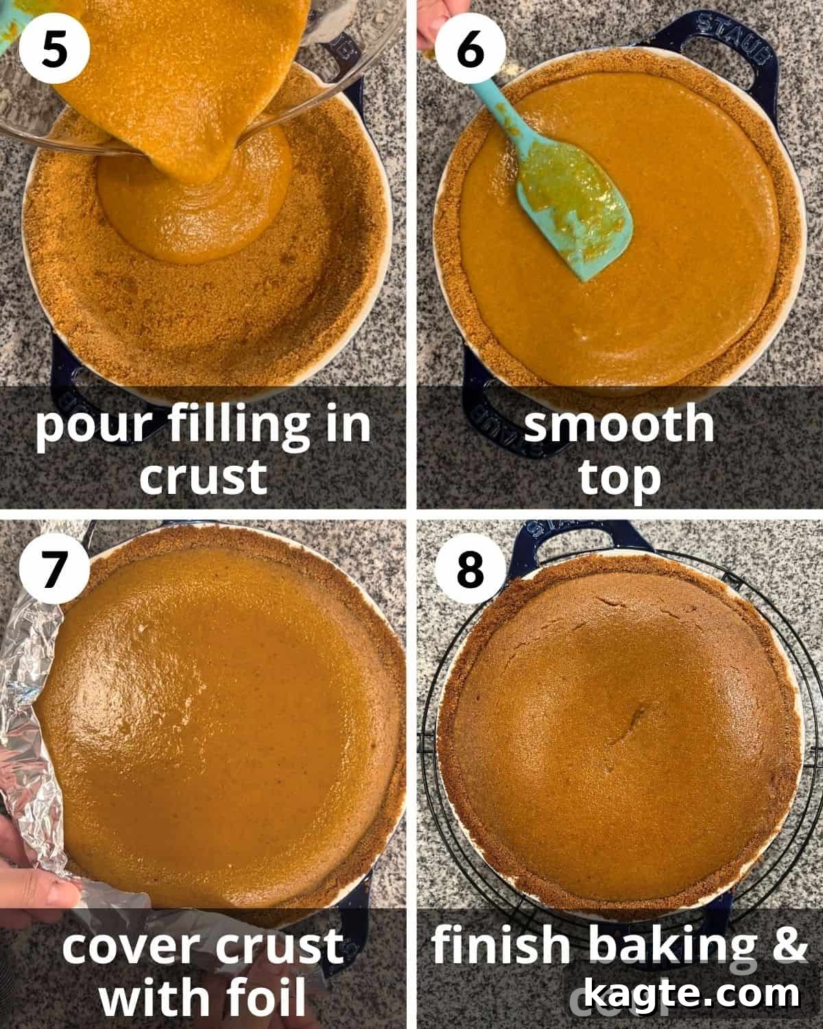 A four-photo collage depicting the process of baking the pumpkin pie. The images show the filling poured into the crust, smoothed with a spatula, the pie baking in the oven, and finally, the finished pie cooling on a wire rack.