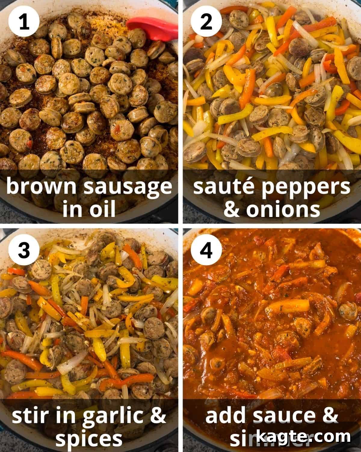 Quick Weeknight Sausage and Pepper Pasta 4 A four-photo collage demonstrating the initial steps of making sausage and peppers pasta: browning sausage, adding peppers and onions, stirring in spices, and simmering the sauce.