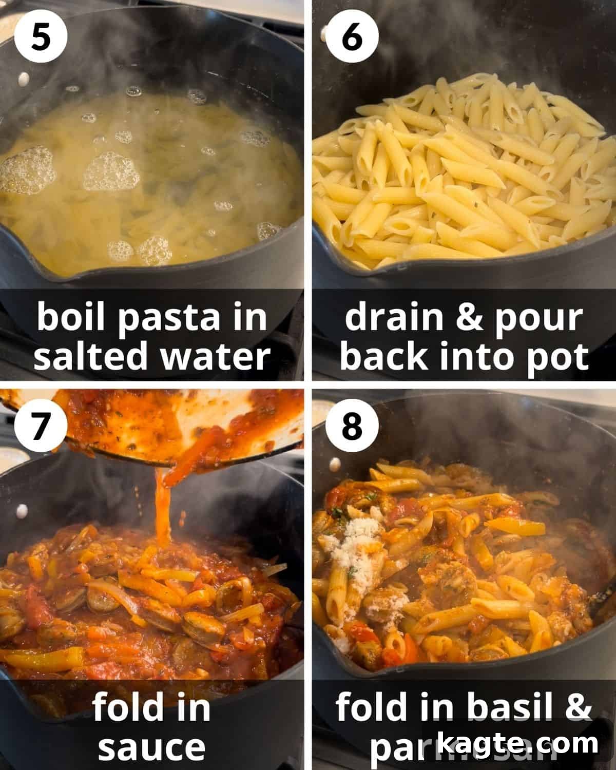 Quick Weeknight Sausage and Pepper Pasta 5 A four-photo collage illustrating the final steps of preparing sausage and peppers pasta: boiling penne pasta, draining it, combining it with the rich sauce, and folding in fresh Parmesan and basil.