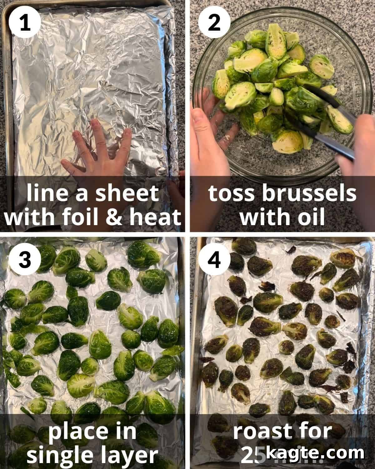 A 4 photo collage showing the beginning steps to make crispy glazed brussels sprouts, including preheating the pan and tossing sprouts with oil.