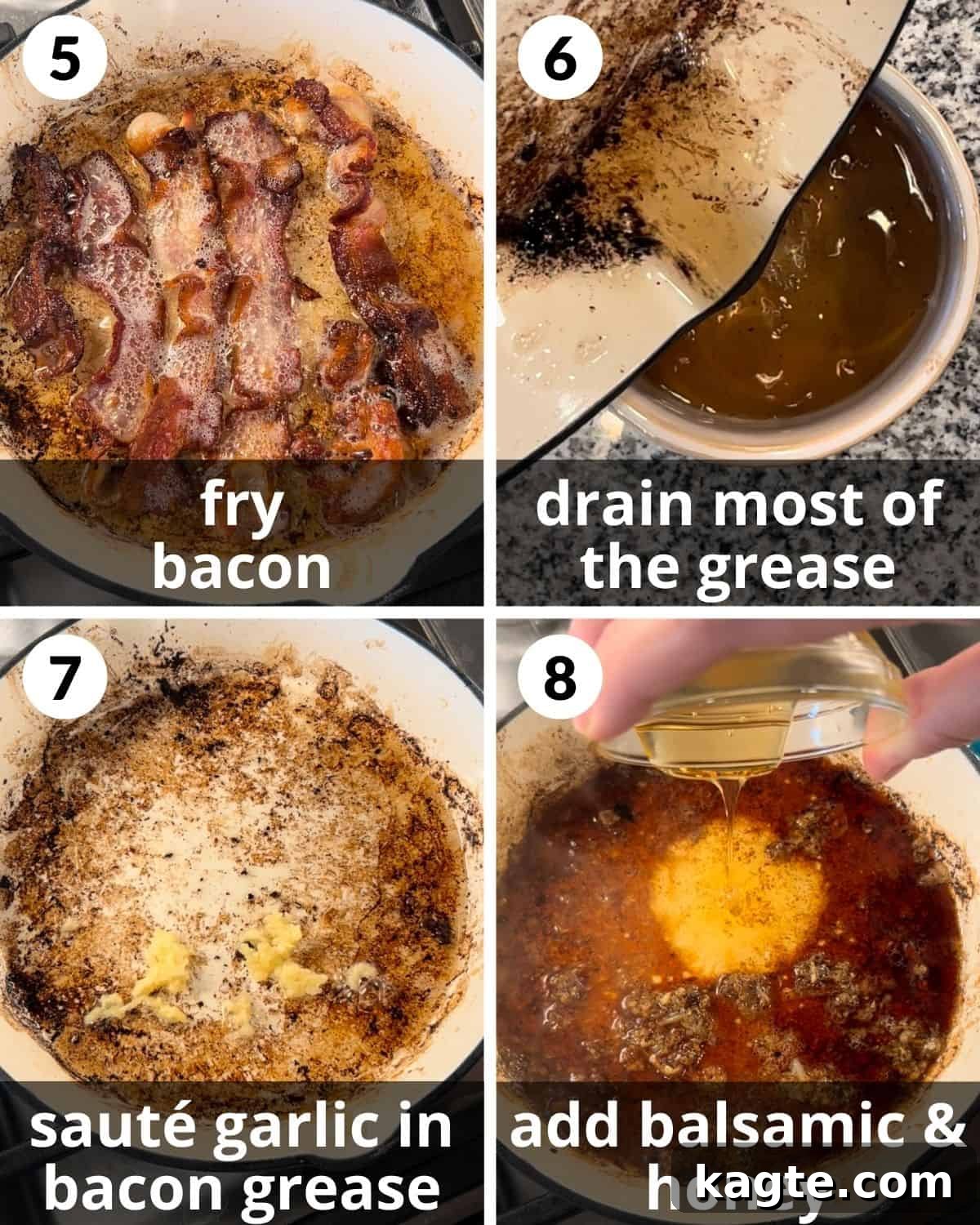 A 4 photo collage showing the middle steps to make crispy glazed brussels sprouts, focusing on cooking bacon and starting the glaze.