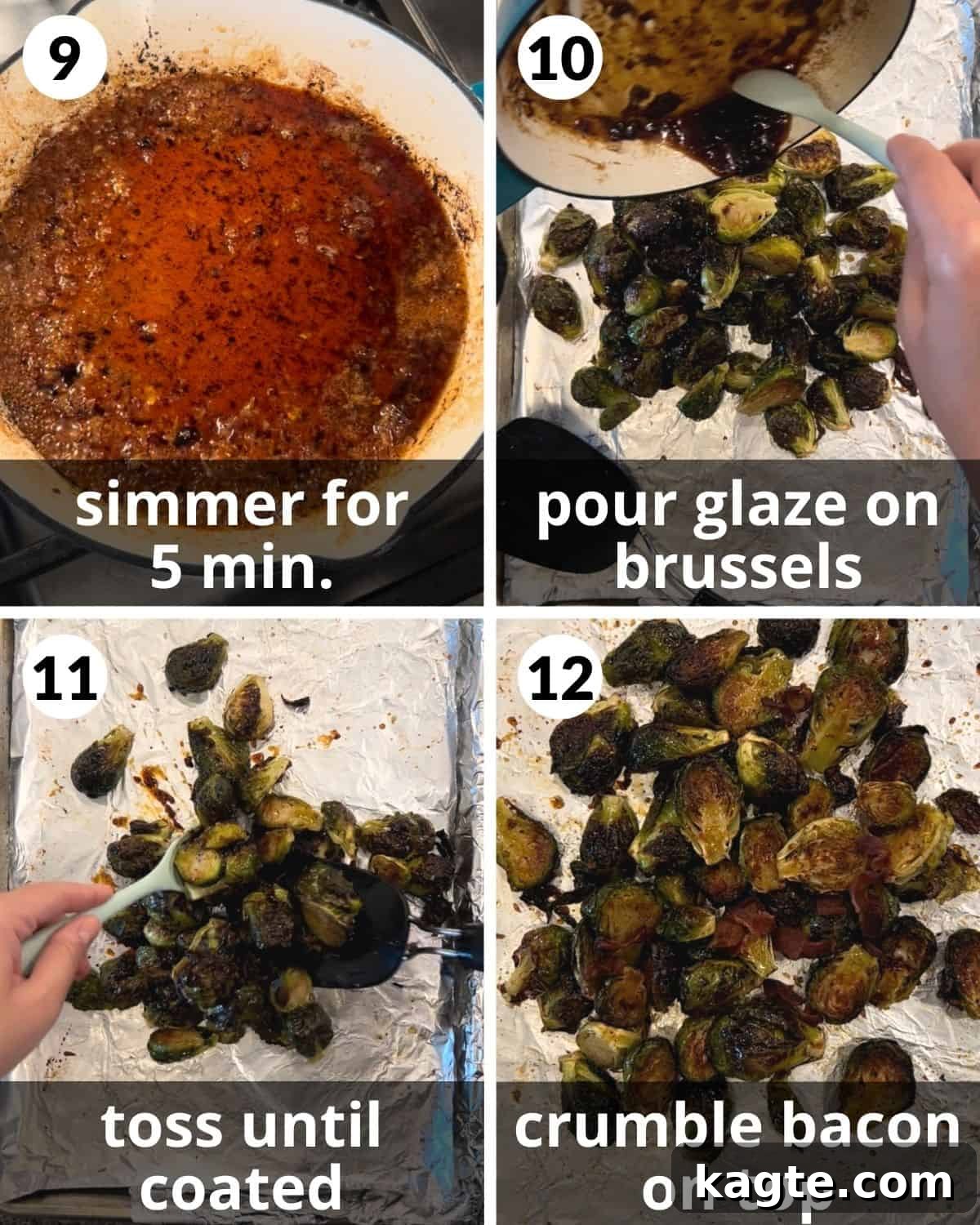 A 4 photo collage showing the final steps to make crispy glazed brussels sprouts, including glazing and adding bacon.