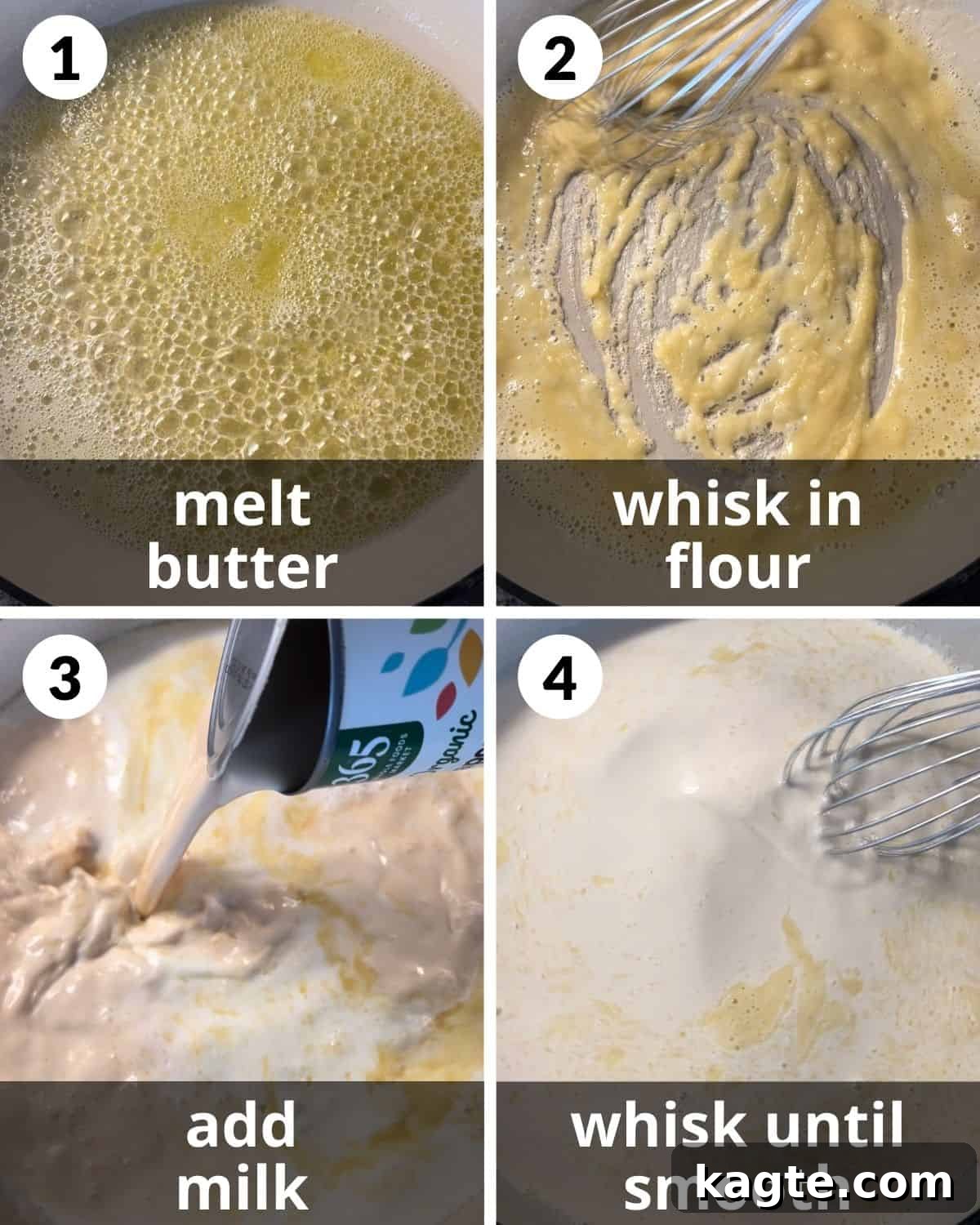 Rich and Creamy Homemade Mac and Cheese Sauce 4 A four-photo collage showing the process of making a roux and creating a bechamel sauce.
