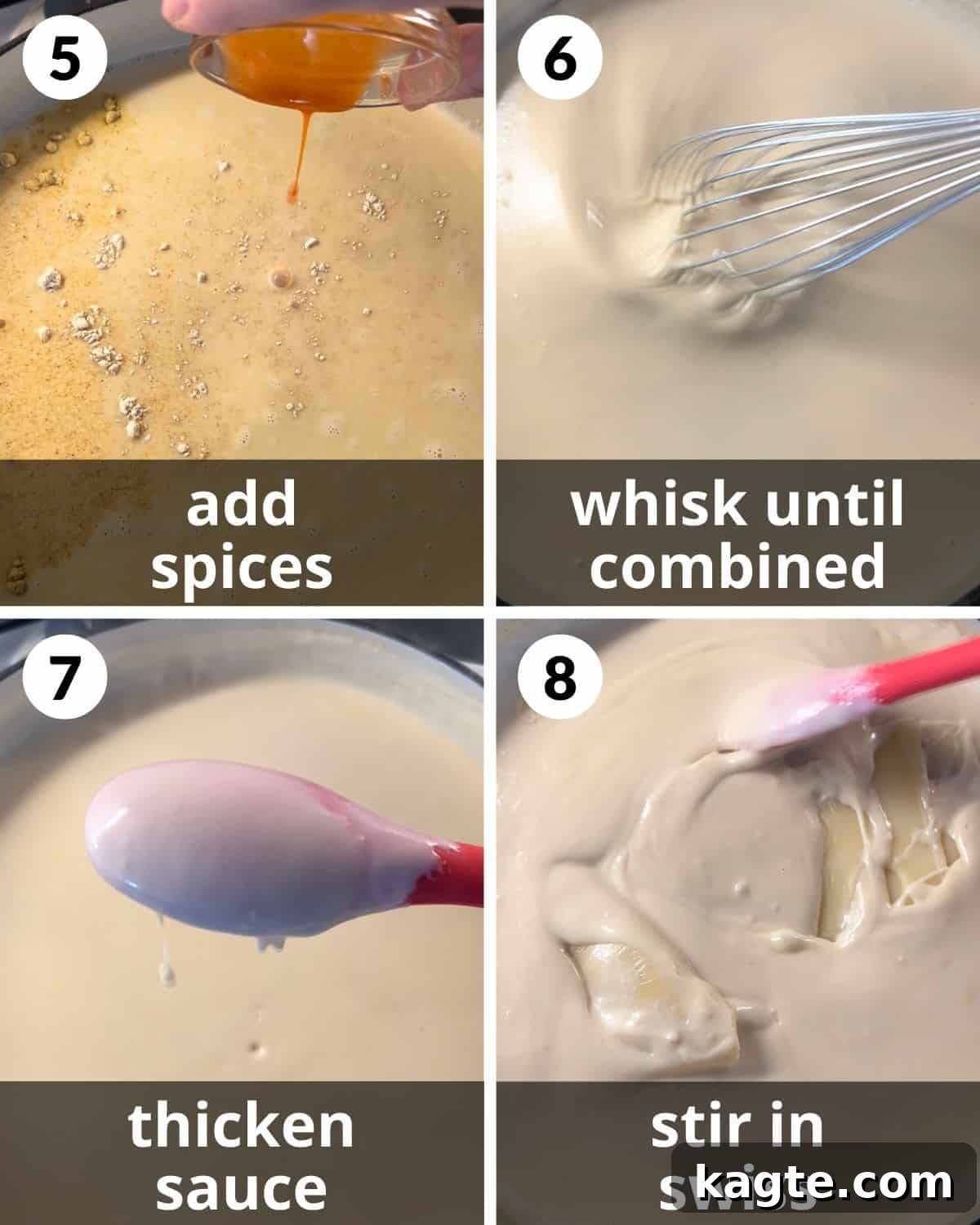 Rich and Creamy Homemade Mac and Cheese Sauce 5 A four-photo collage demonstrating how to season the cheese sauce and add different types of cheese until melted.