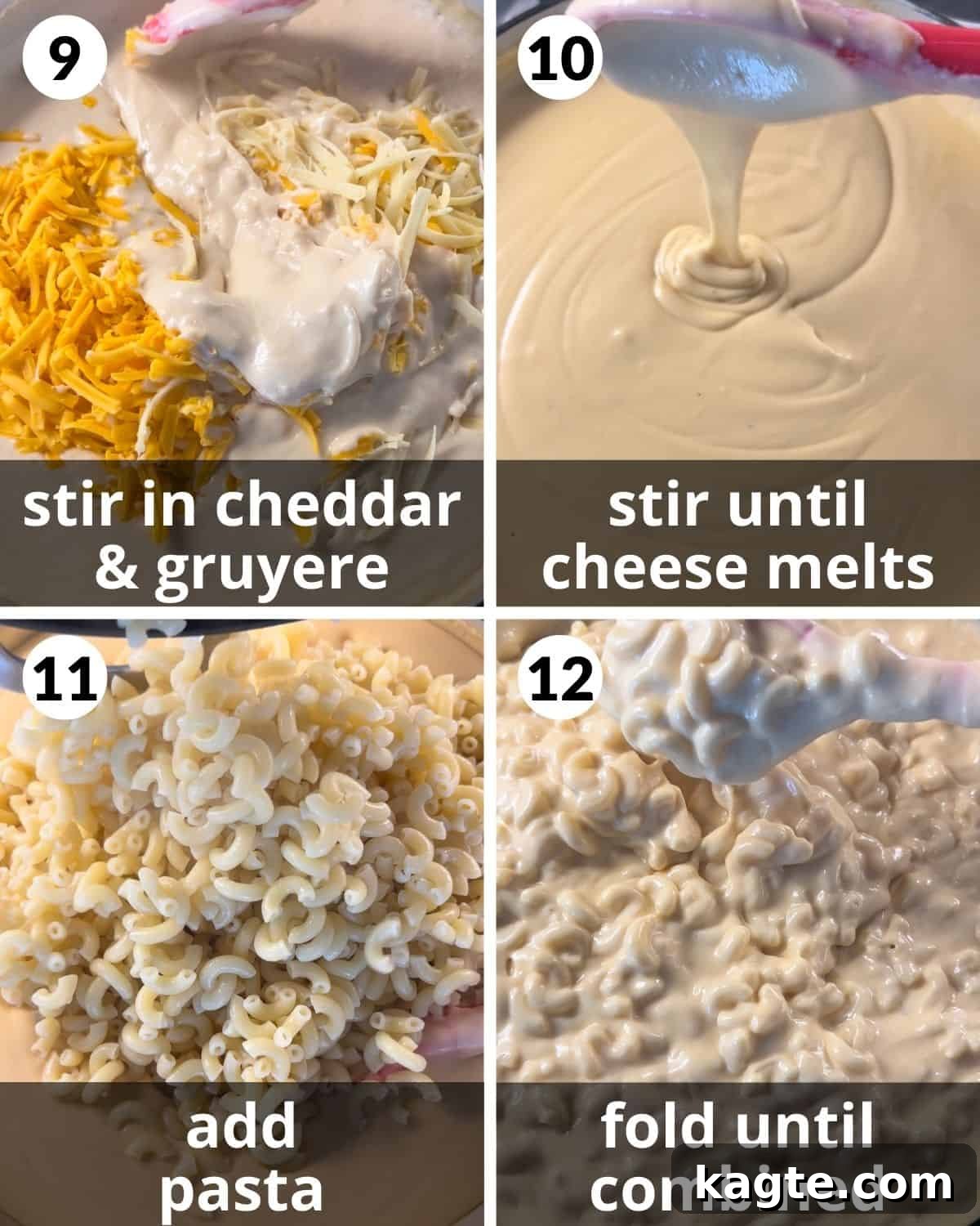 Rich and Creamy Homemade Mac and Cheese Sauce 6 A four-photo collage showing the final steps of adding cooked pasta to the rich cheese sauce and combining them.