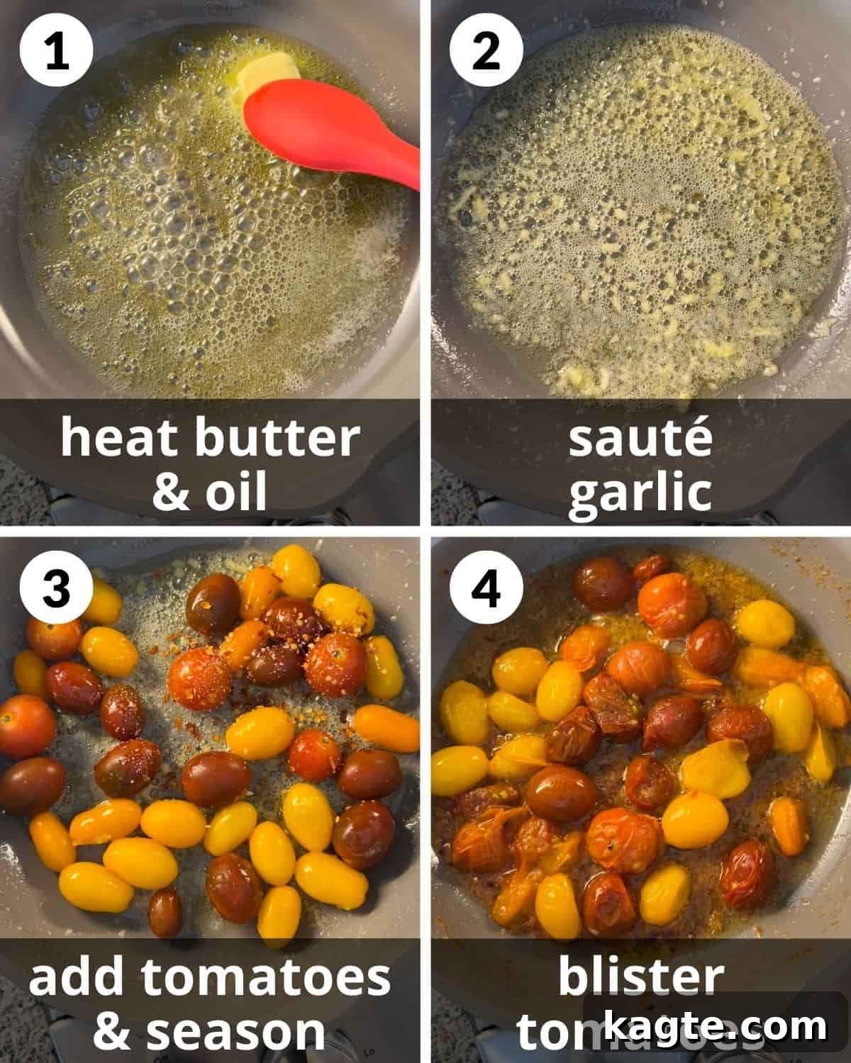 Vibrant Basil and Sweet Cherry Tomato Pasta 4 A four-panel photo collage detailing the beginning stages of making basil pasta: heating butter and olive oil, sautéing minced garlic, adding colorful cherry tomatoes, and cooking until the tomatoes are blistered and bursting.