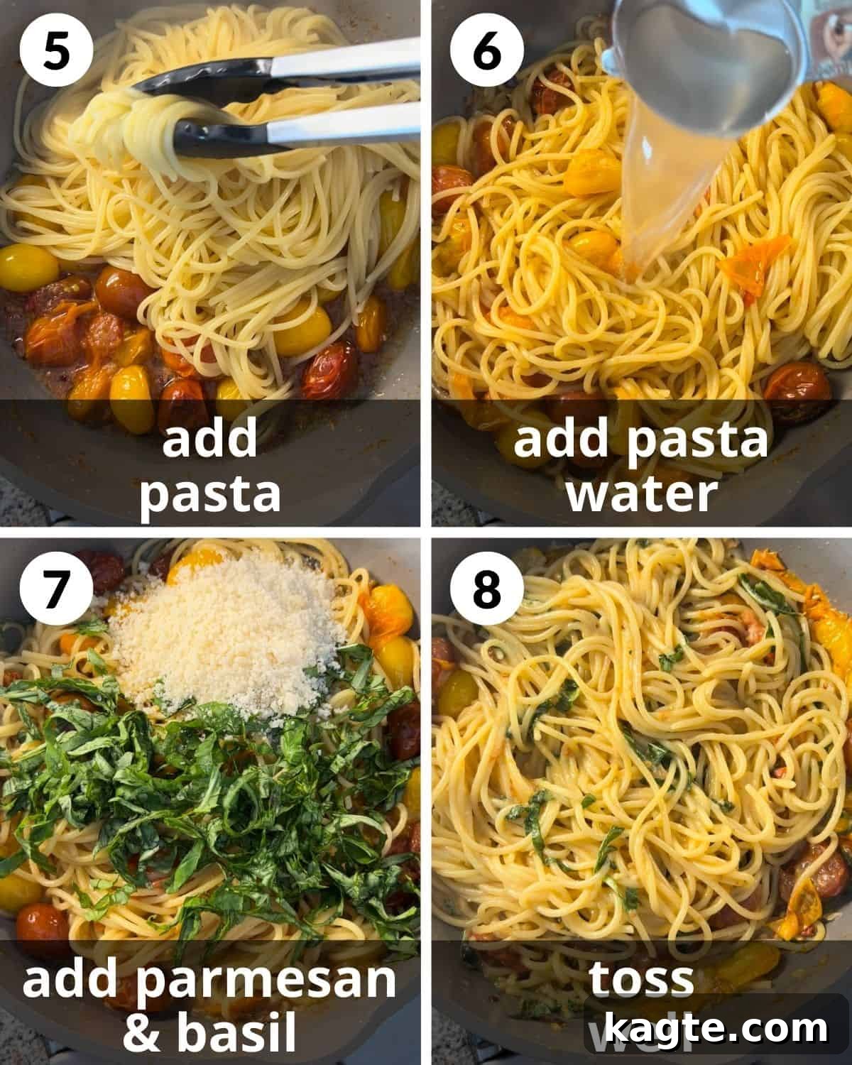 Vibrant Basil and Sweet Cherry Tomato Pasta 5 A four-panel photo collage illustrating the final steps of preparing the basil pasta: adding cooked spaghetti to the blistered tomatoes, incorporating reserved pasta water, stirring in Parmesan cheese and fresh basil, and tossing the components until a cohesive sauce coats the pasta.